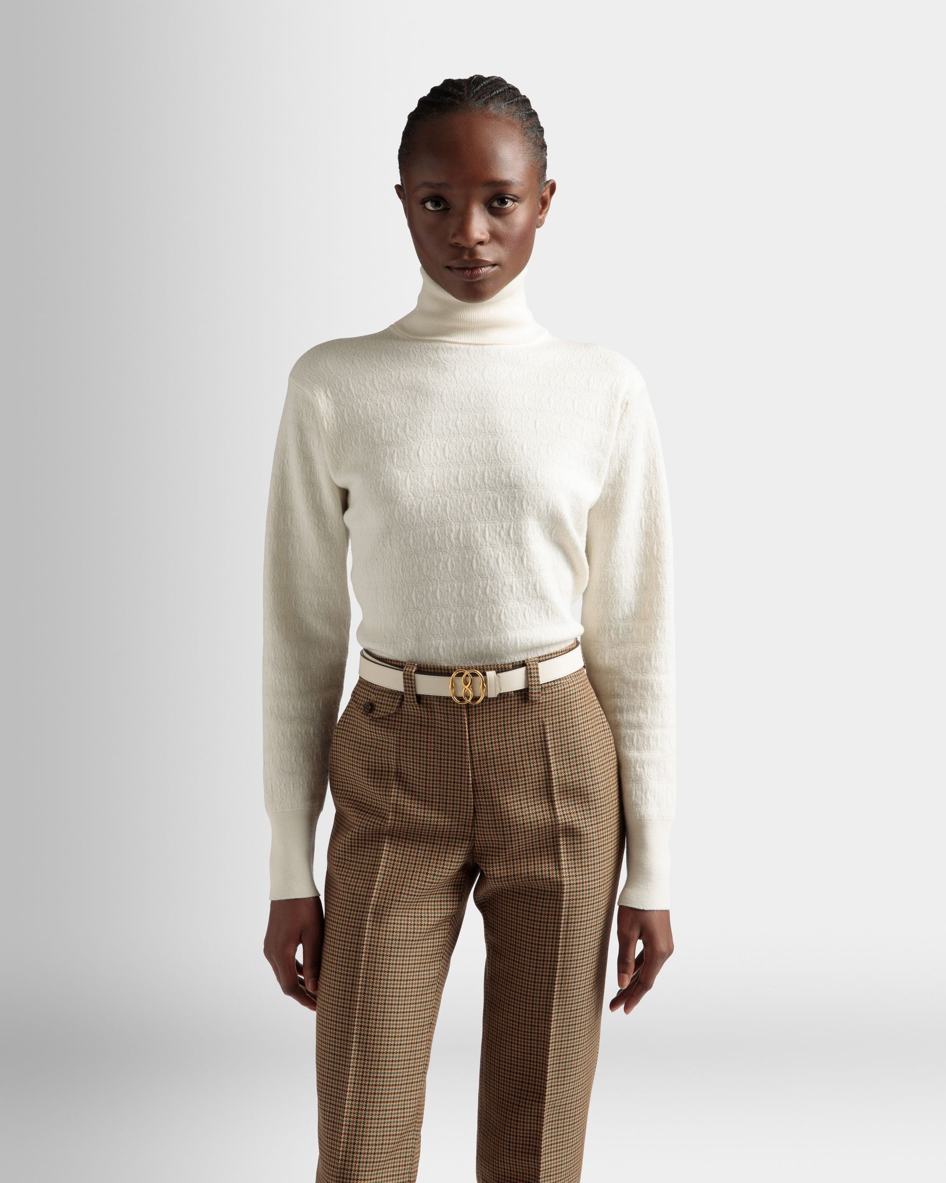 Roll Neck Sweater | Women's Sweater | Bone Wool | Bally | On Model Close Up