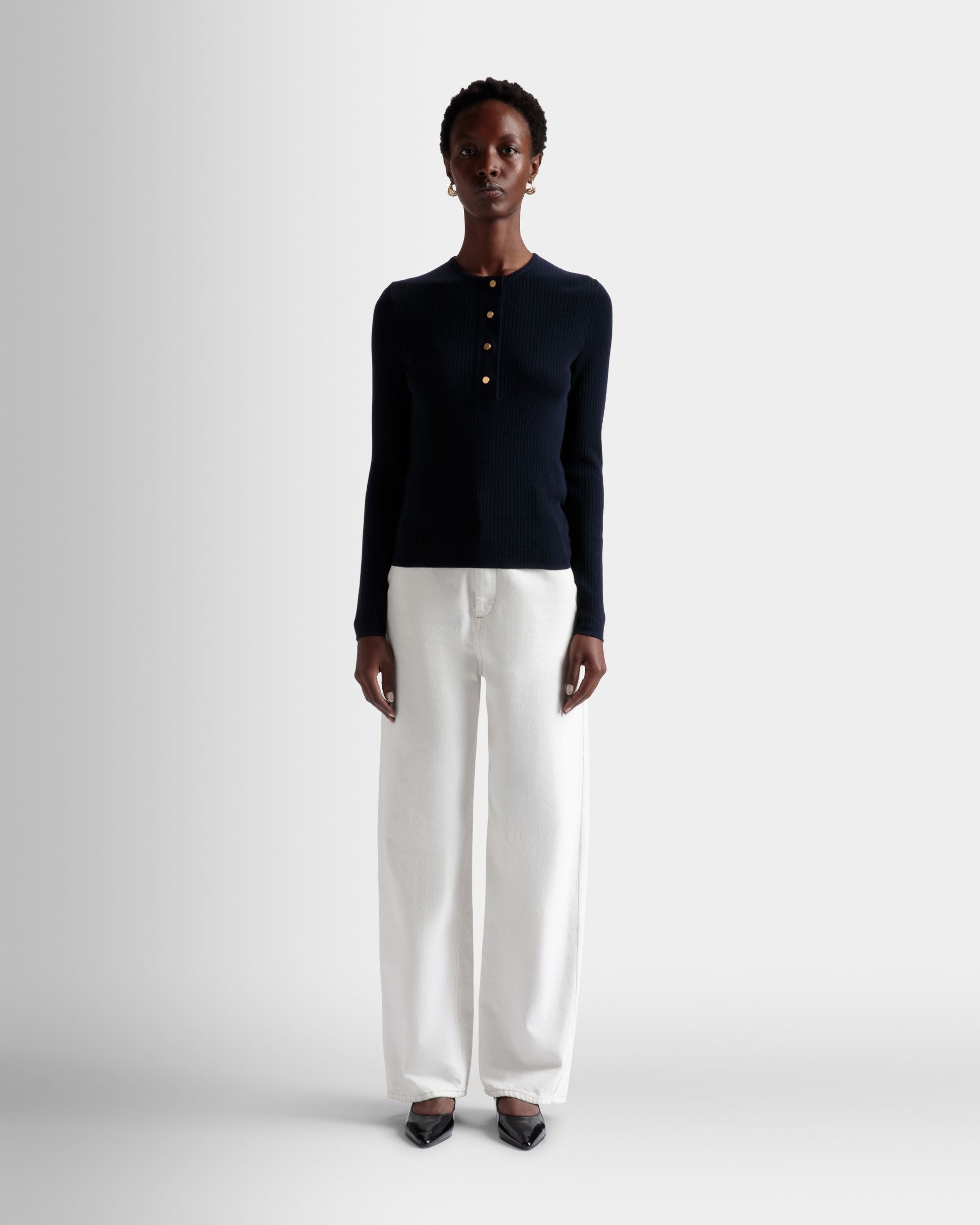 Knitted Henley Top | Women's Top | Ink Wool | Bally | On Model Front