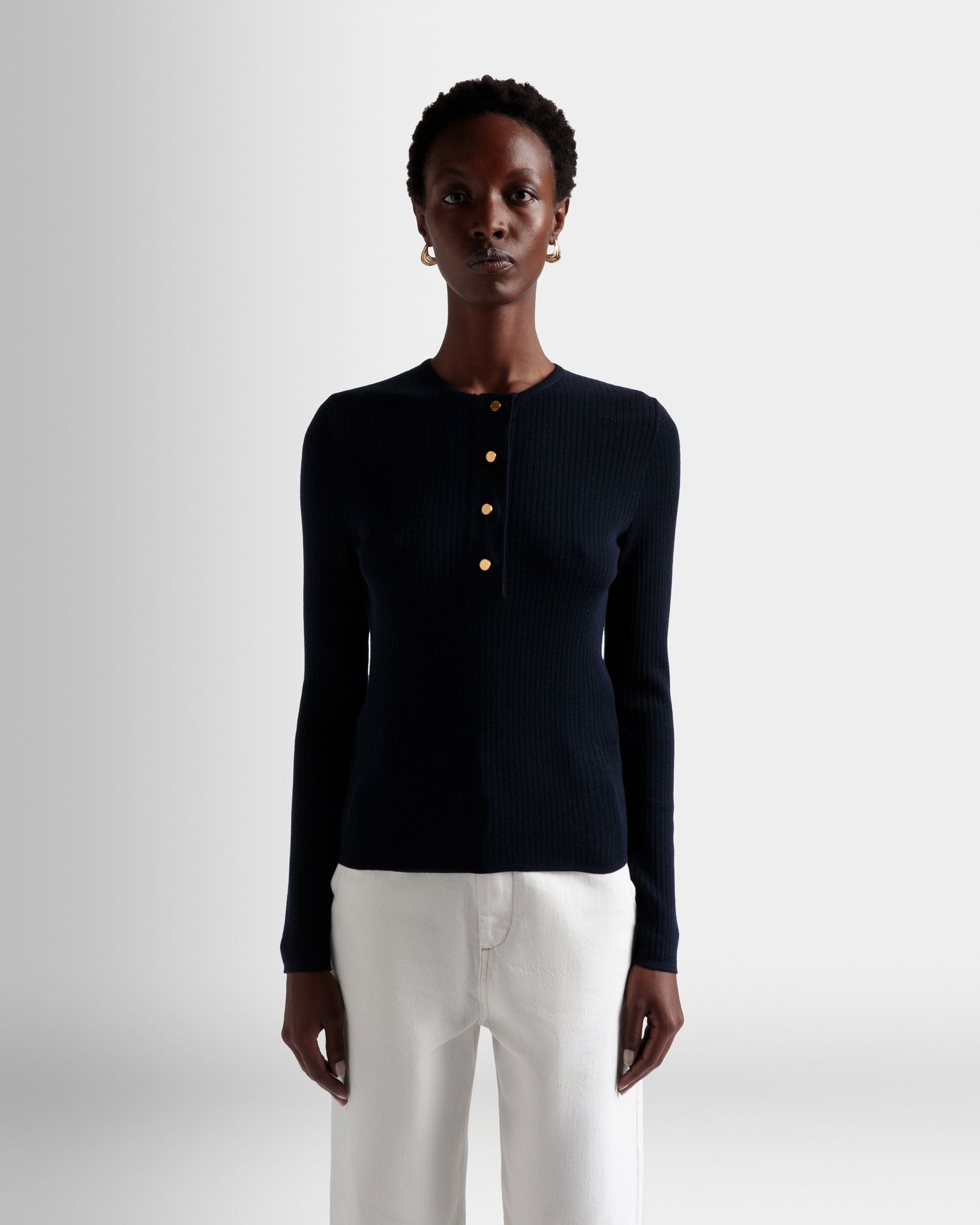 Knitted Henley Top | Women's Top | Ink Wool | Bally | On Model Close Up