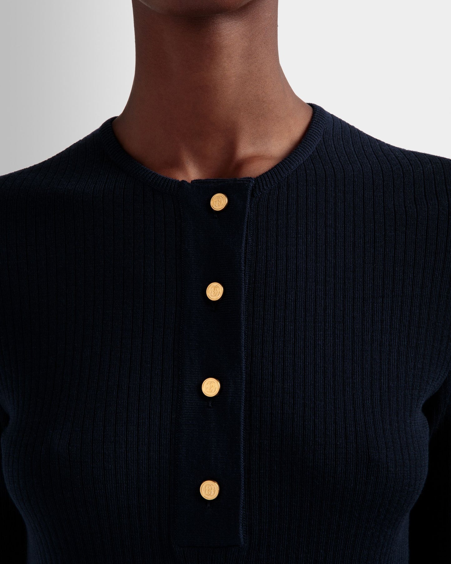 Knitted Henley Top | Women's Top | Ink Wool | Bally | On Model Detail