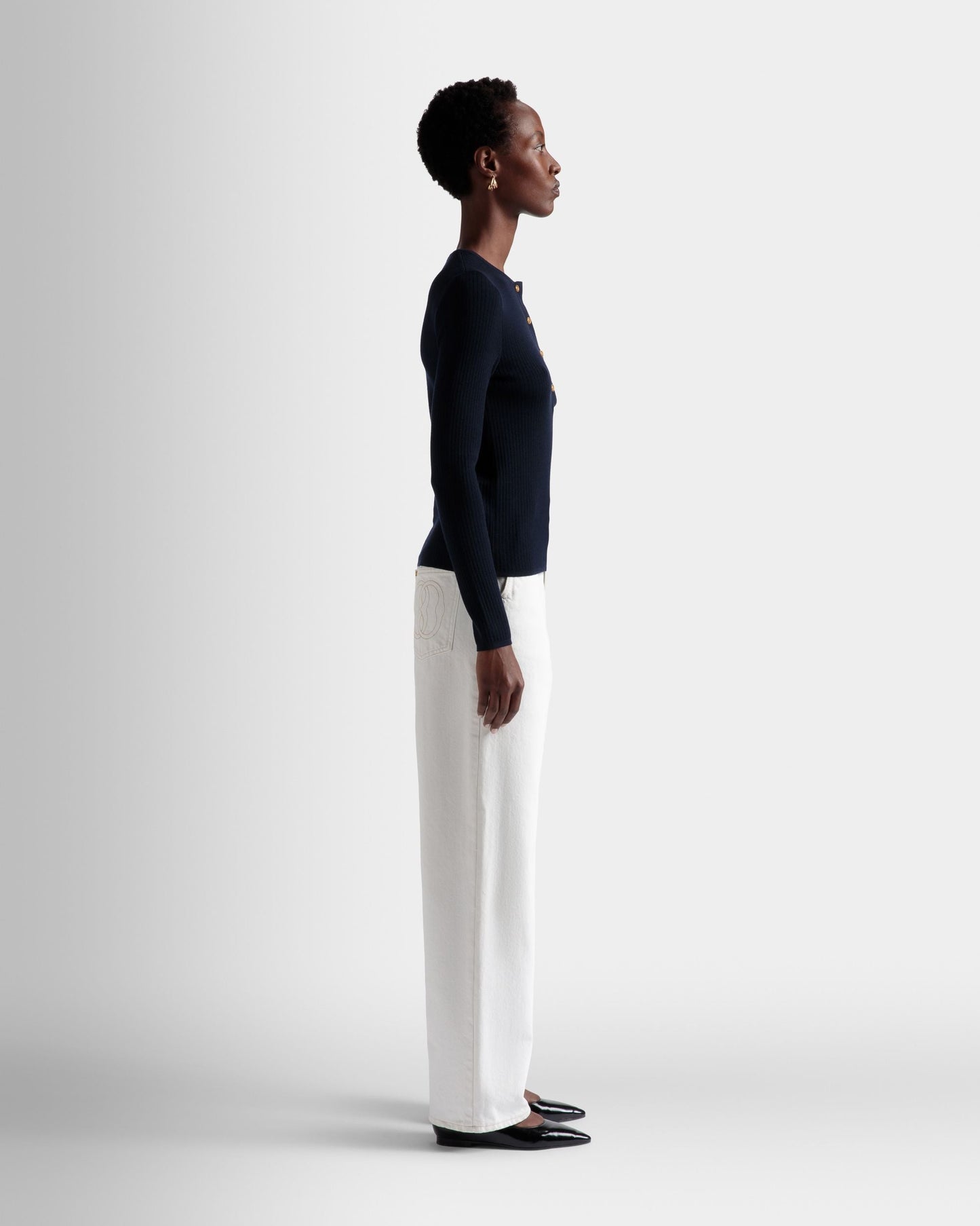 Knitted Henley Top | Women's Top | Ink Wool | Bally | On Model 3/4 Front