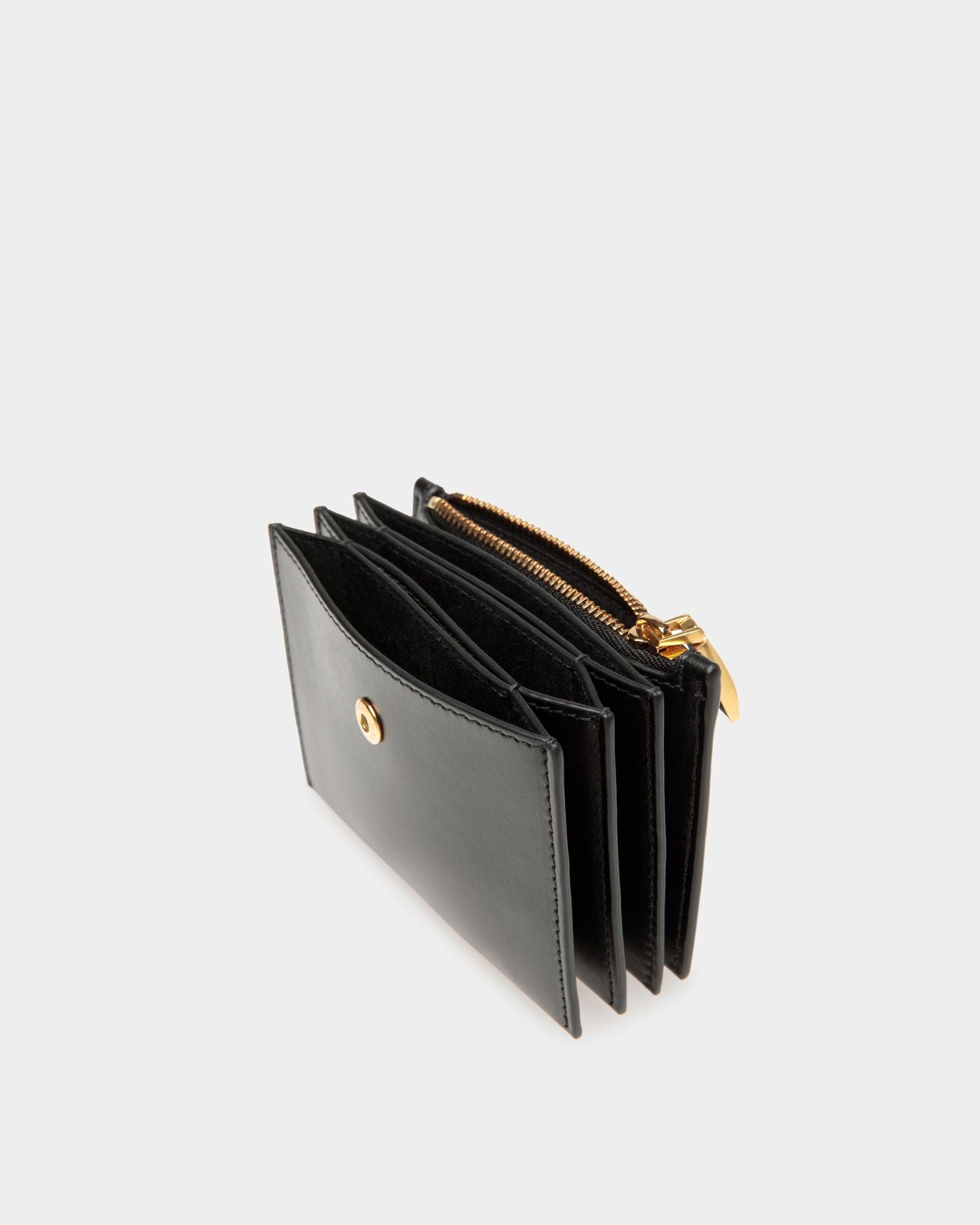 Emblem Card Holder | Women's Card Holder | Black Leather | Bally | Still Life Open / Inside