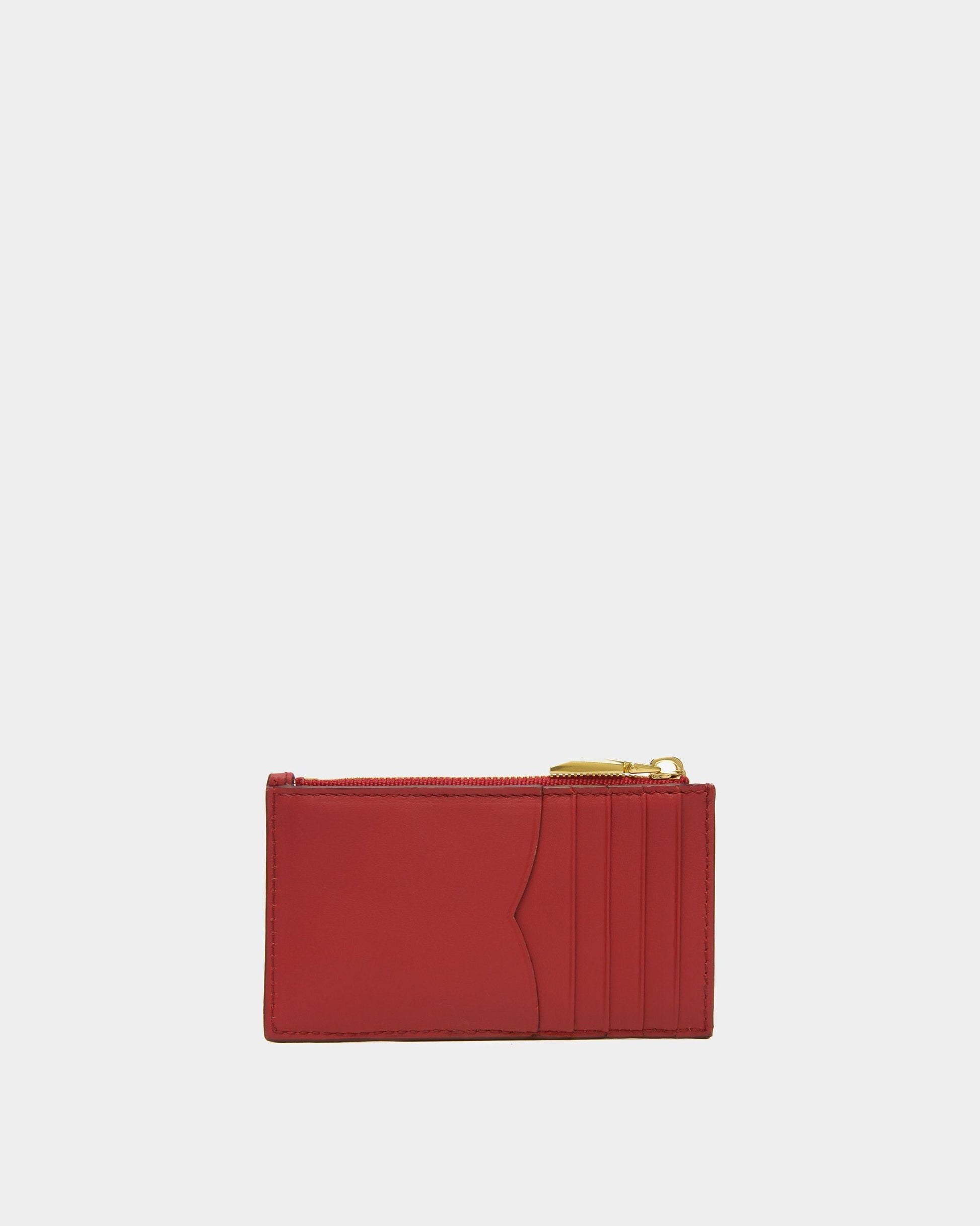 Emblem Zipped | Women's Business Card Holder | Deep Ruby Leather | Bally | Still Life Back