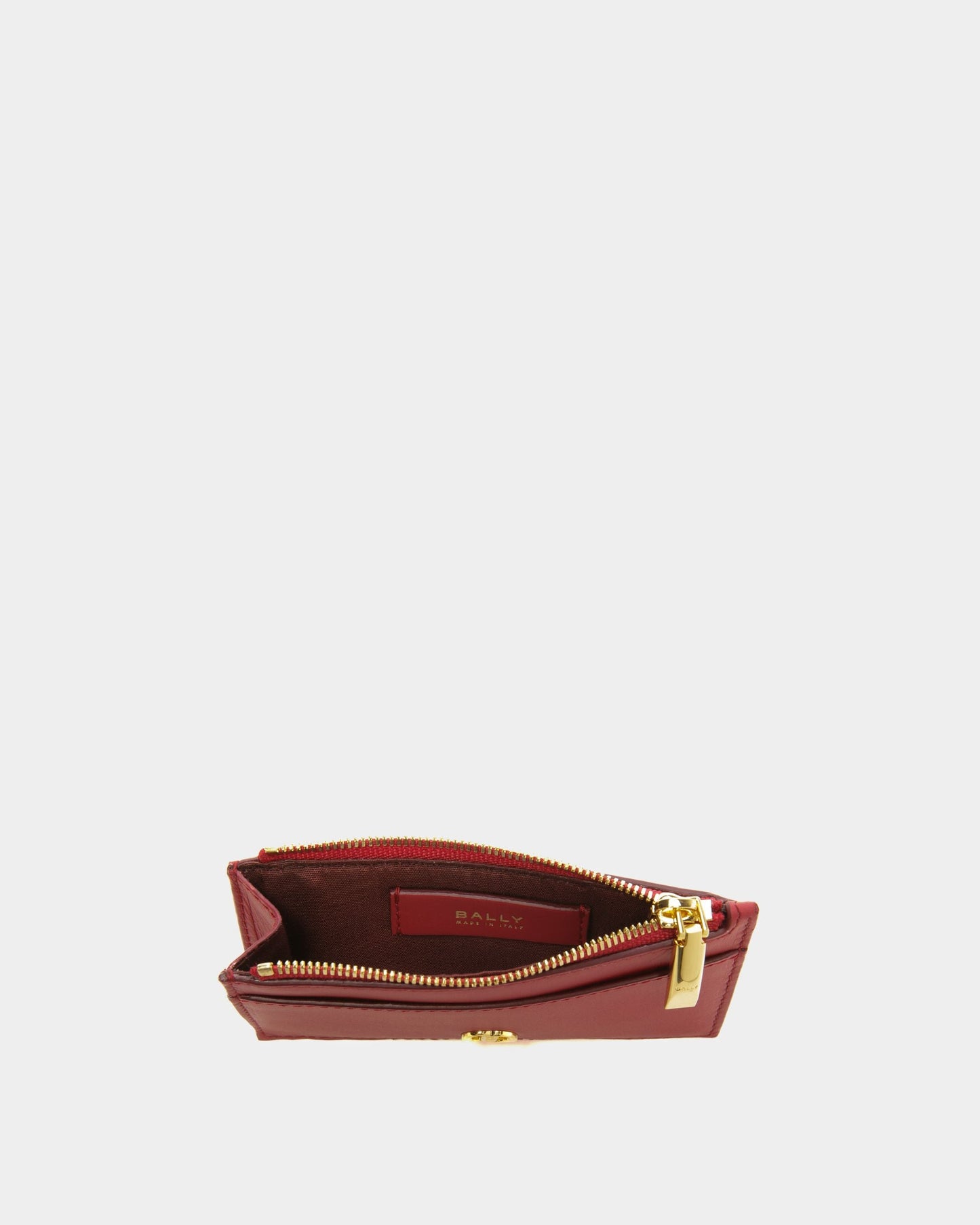Emblem Zipped | Women's Business Card Holder | Deep Ruby Leather | Bally | Still Life Open / Inside