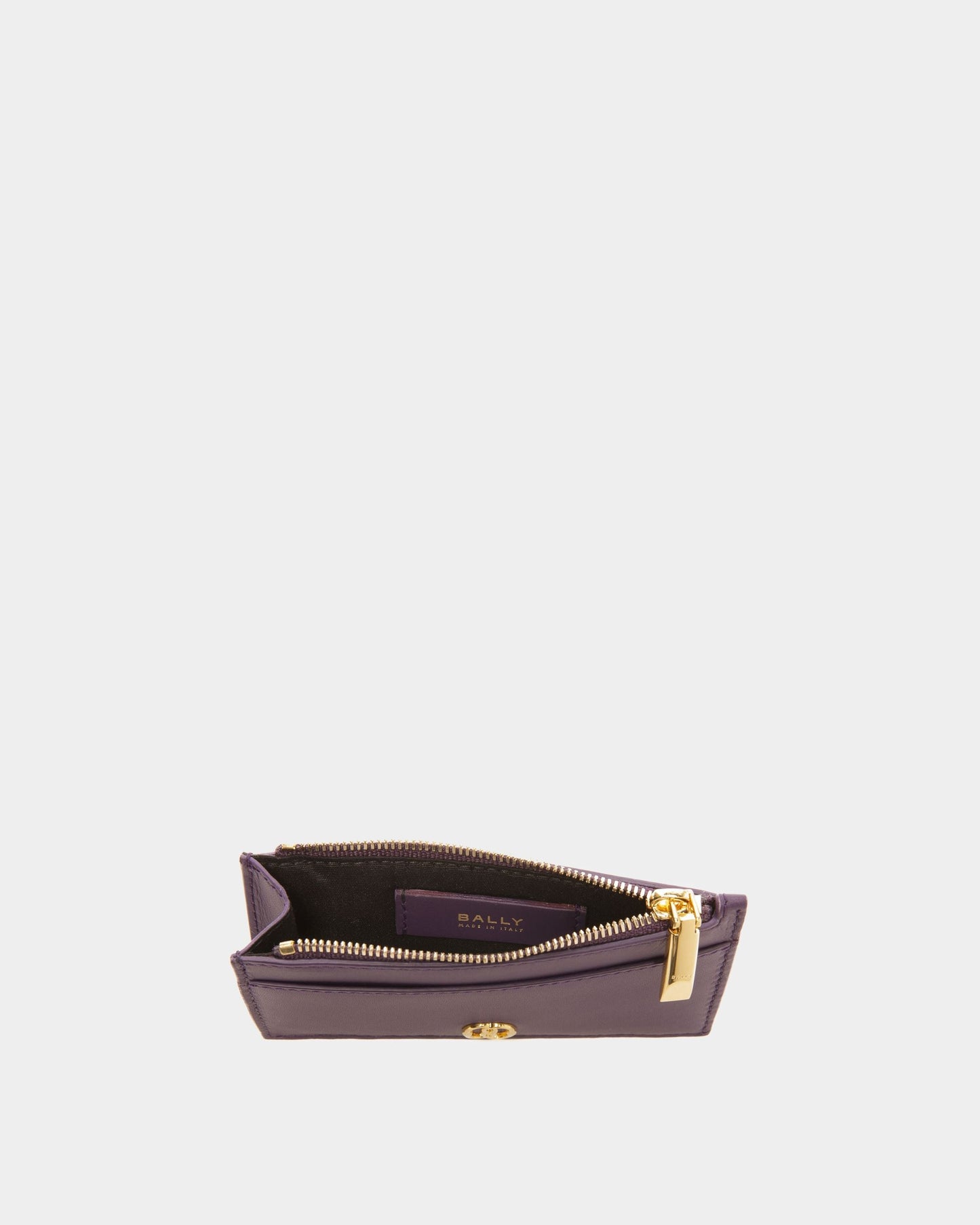 Emblem Zipped | Women's Business Card Holder | Orchid Leather | Bally | Still Life Open / Inside