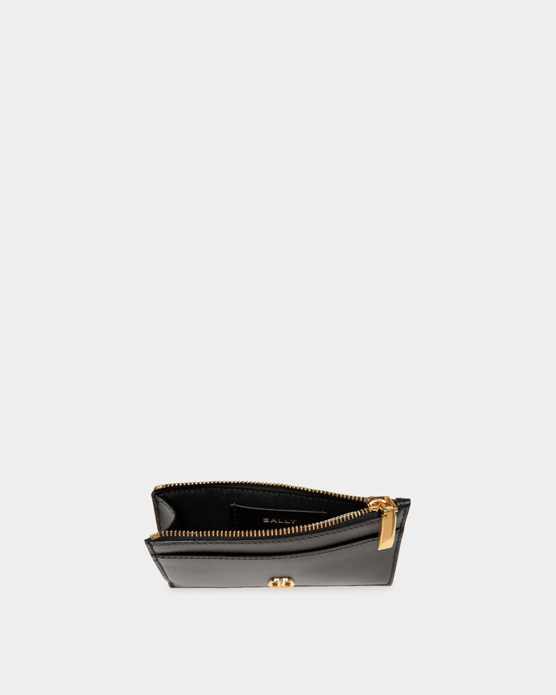 Emblem Card Holder | Women's Card Holder | Black Leather | Bally | Still Life Open / Inside
