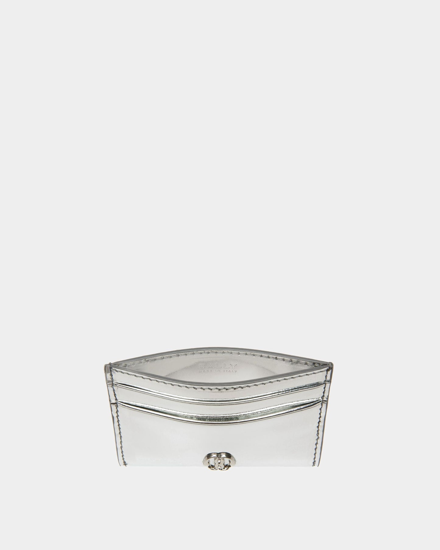 Emblem | Women's Business Card Holder | Silver Leather | Bally | Still Life Open / Inside