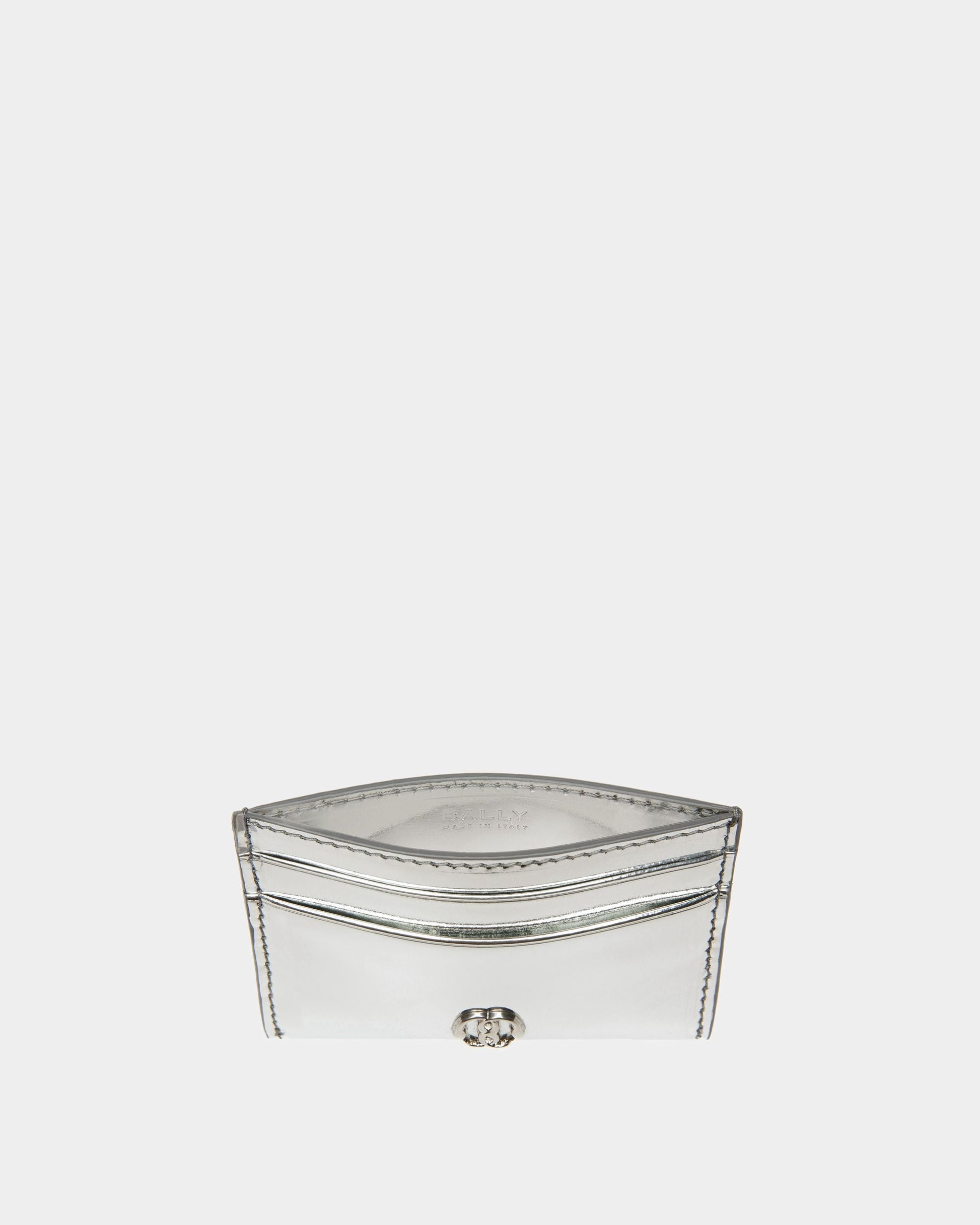 Emblem | Women's Business Card Holder | Silver Leather | Bally | Still Life Open / Inside