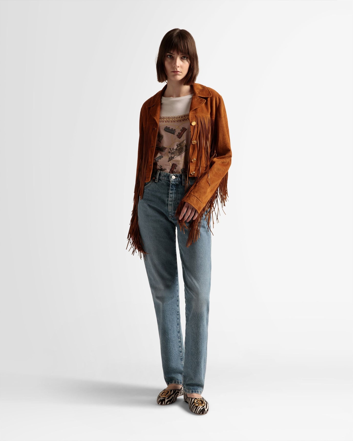 Tasseled Jacket | Women's Outerwear | Desert Suede | Bally | On Model Front