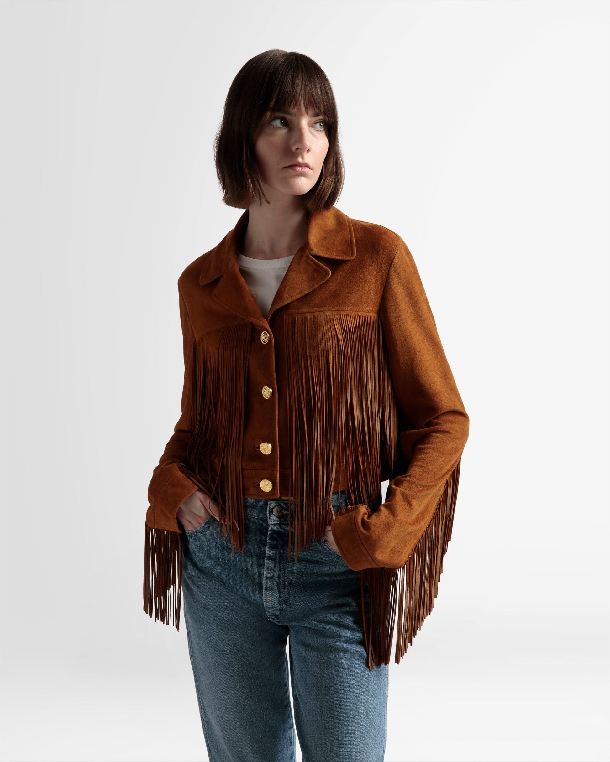 Tasseled Jacket | Women's Outerwear | Desert Suede | Bally | On Model Close Up