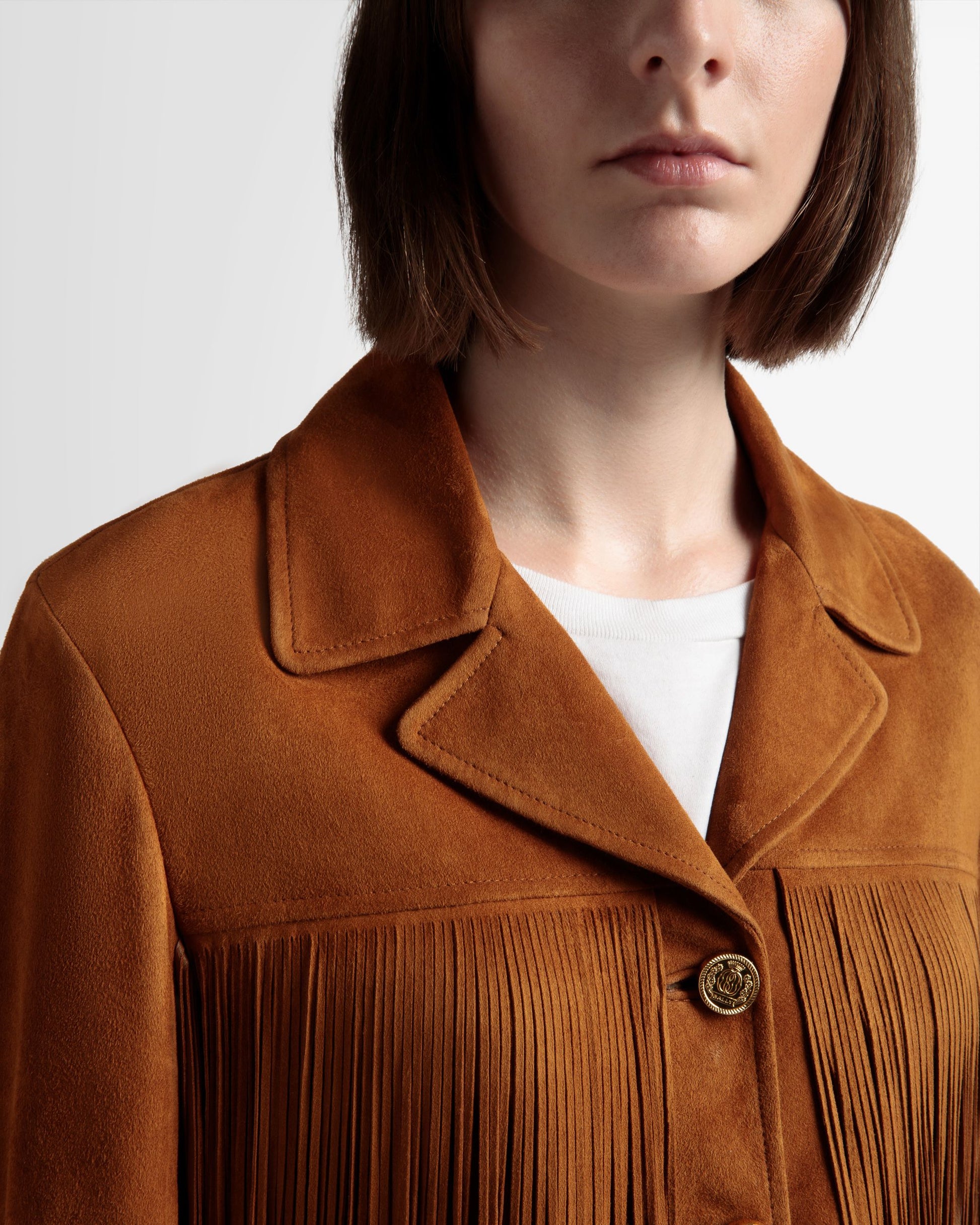 Tasseled Jacket | Women's Outerwear | Desert Suede | Bally | On Model Detail