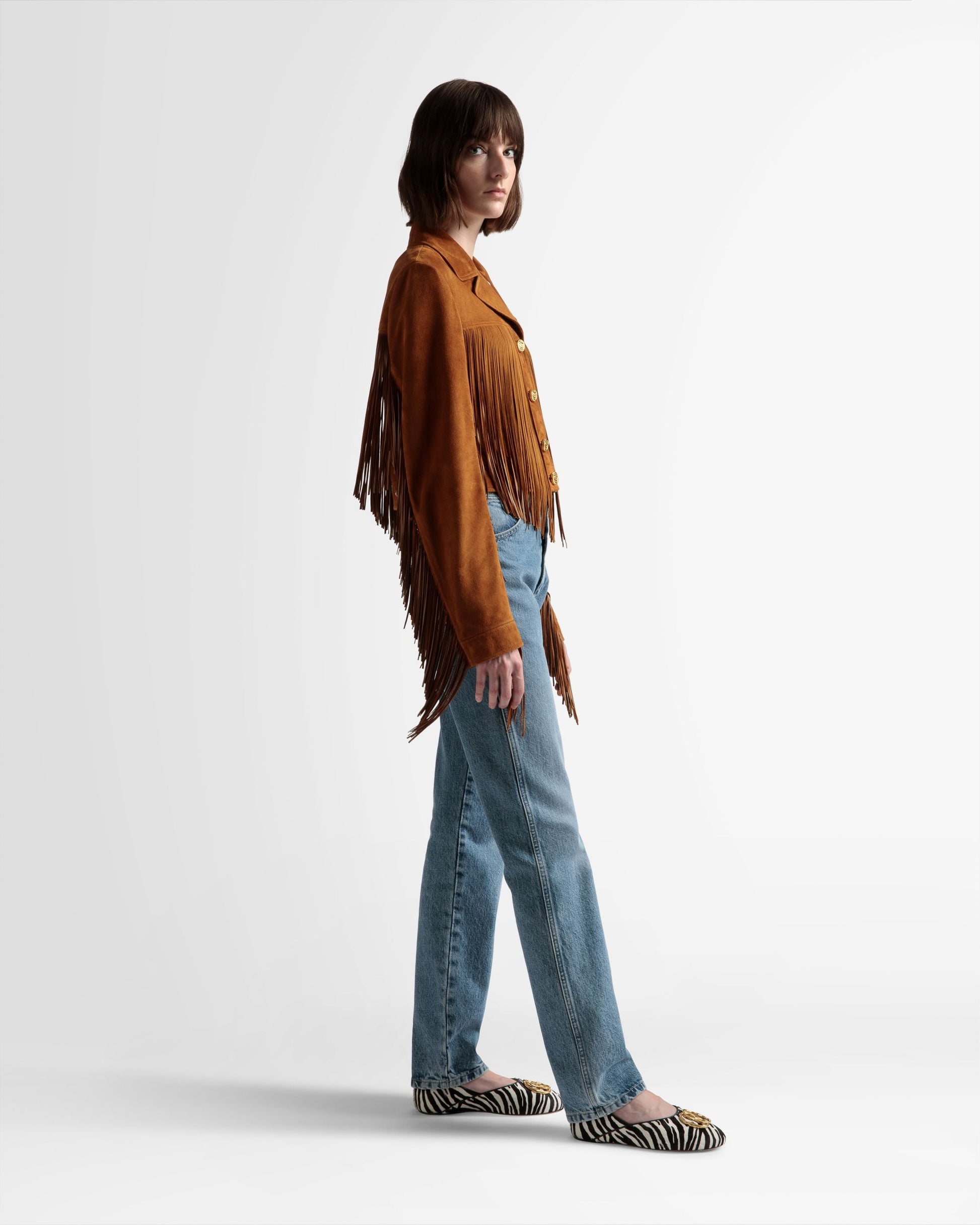 Tasseled Jacket | Women's Outerwear | Desert Suede | Bally | On Model 3/4 Front