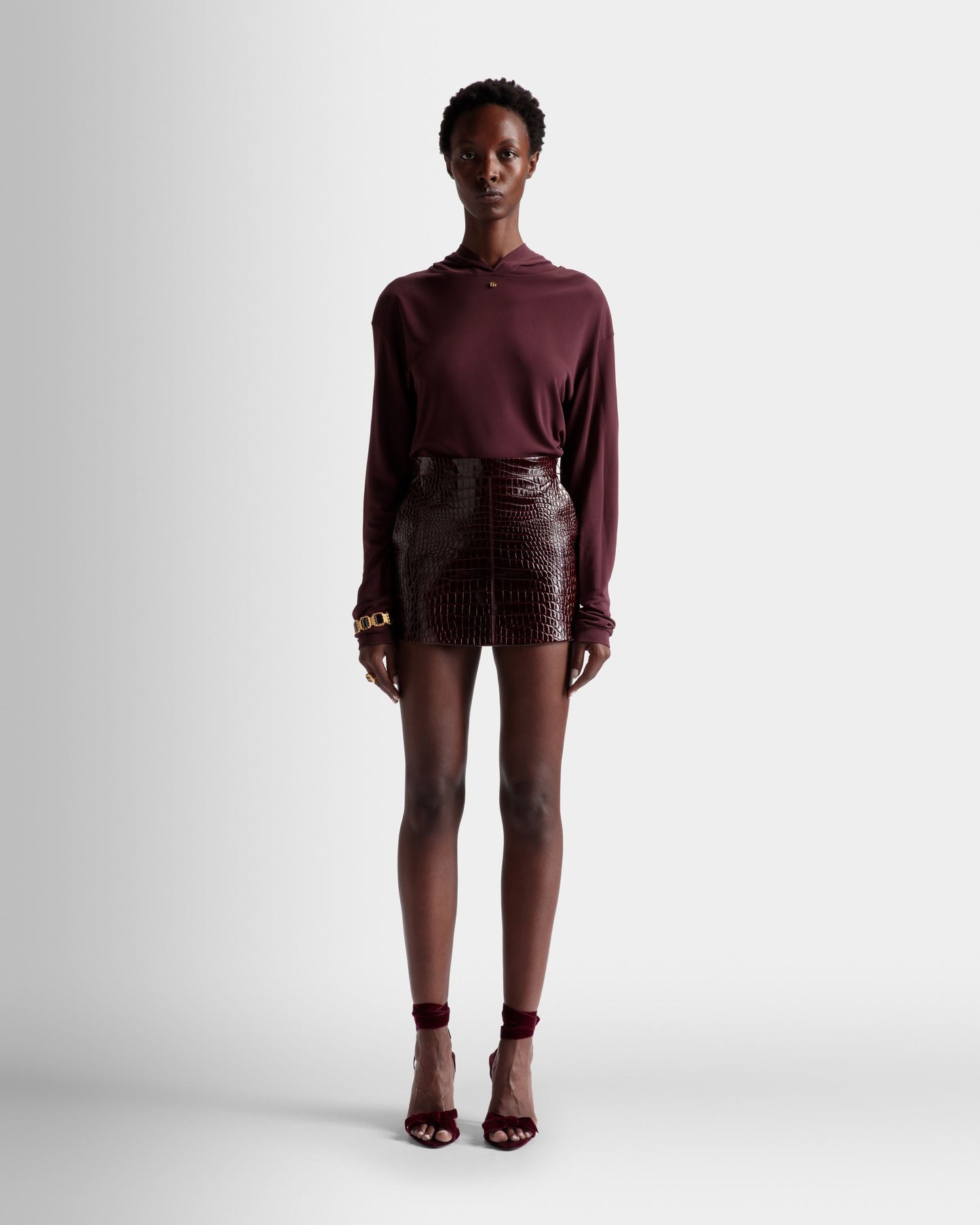 Skirt | Women's Skirt | Burgundy Leather | Bally | On Model Front