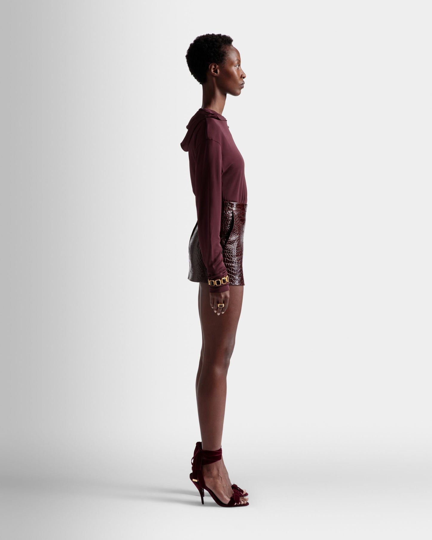 Skirt | Women's Skirt | Burgundy Leather | Bally | On Model 3/4 Front