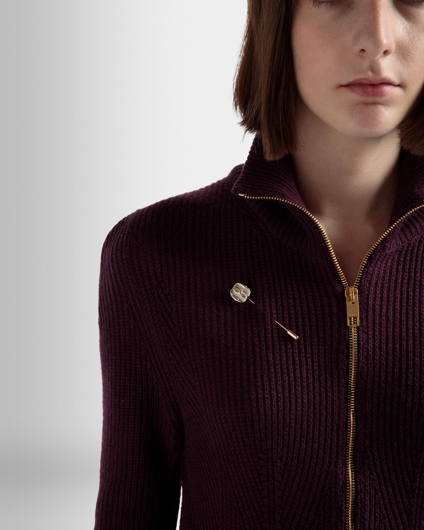 Emblem Pin | Women's Brooch | Hammered Gold | Bally | On Model Front