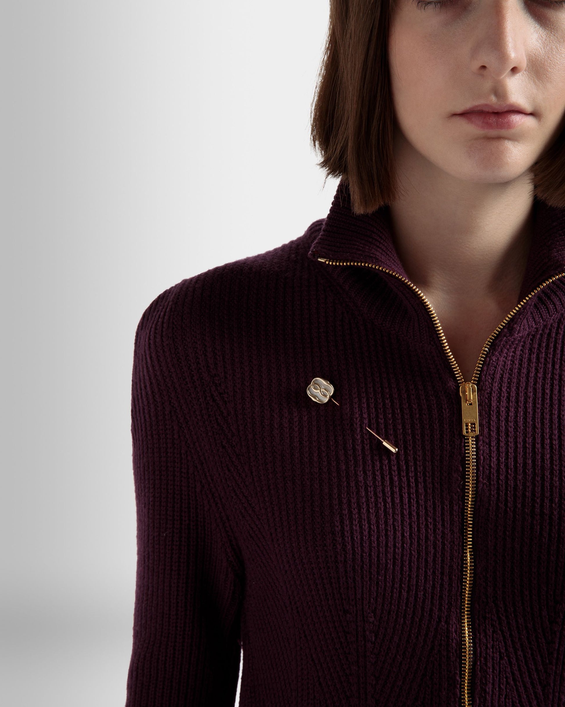 Emblem Pin | Women's Brooch | Hammered Gold | Bally | On Model Front