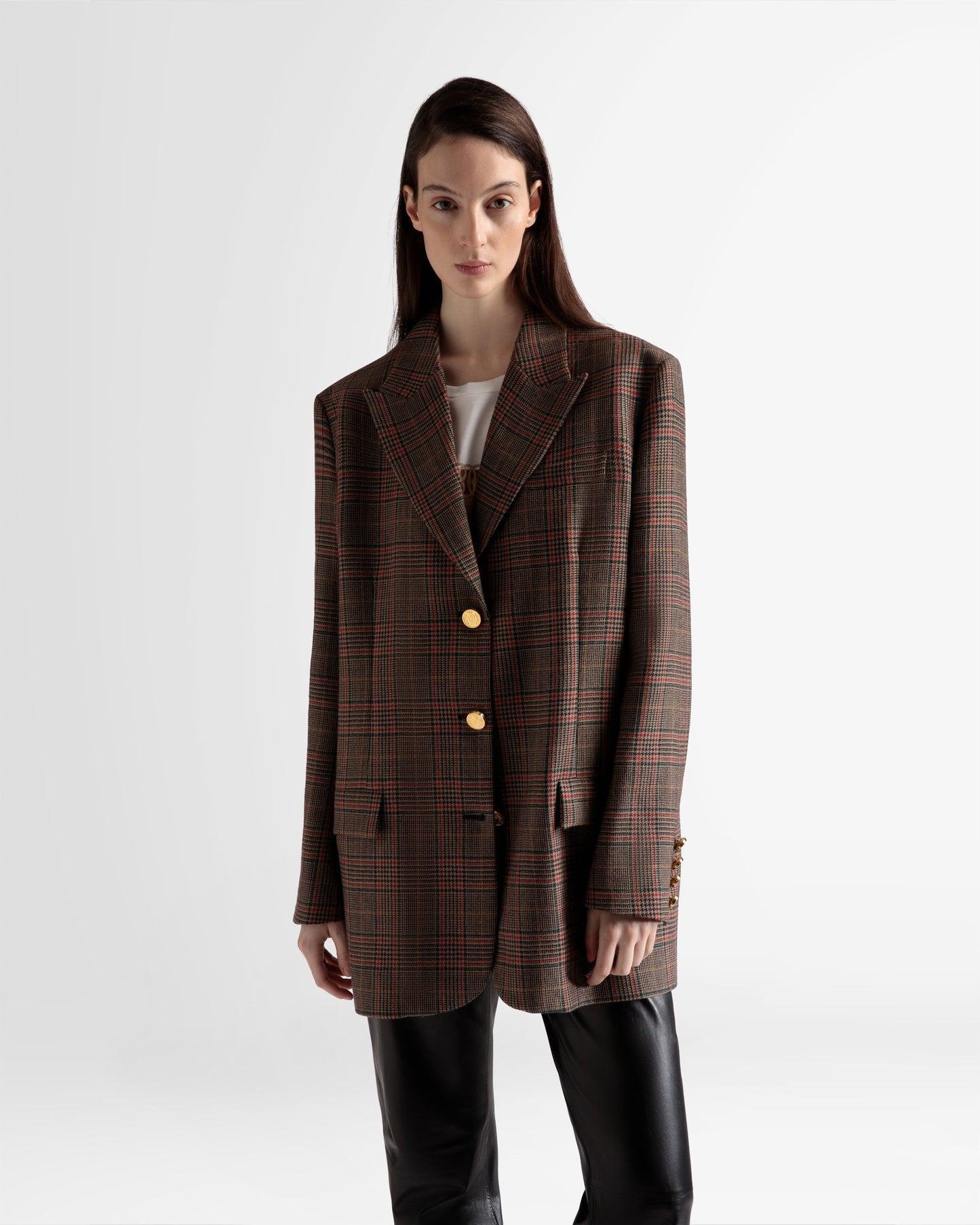 Checked Jacket | Women's Outerwear | Multicolor Wool | Bally | On Model Close Up