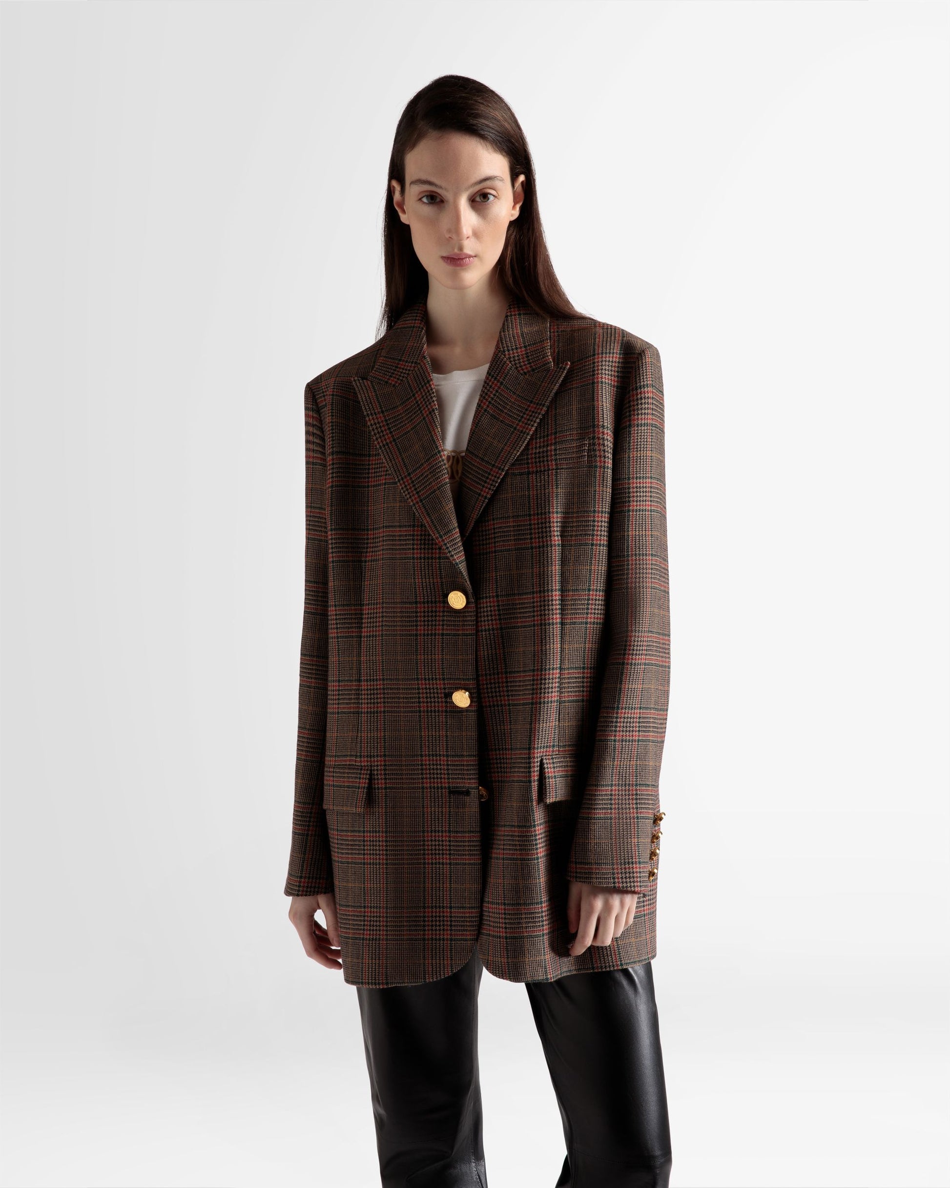 Checked Jacket | Women's Outerwear | Multicolor Wool | Bally | On Model Close Up