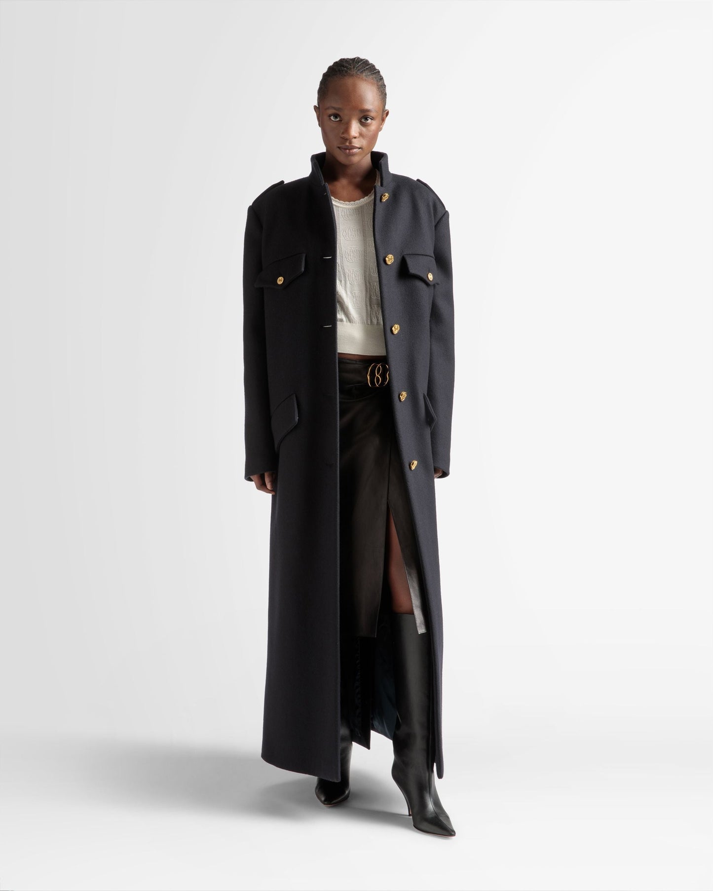 Long Buttoned Coat | Women's Outerwear | Navy Wool Mix | Bally | On Model Front