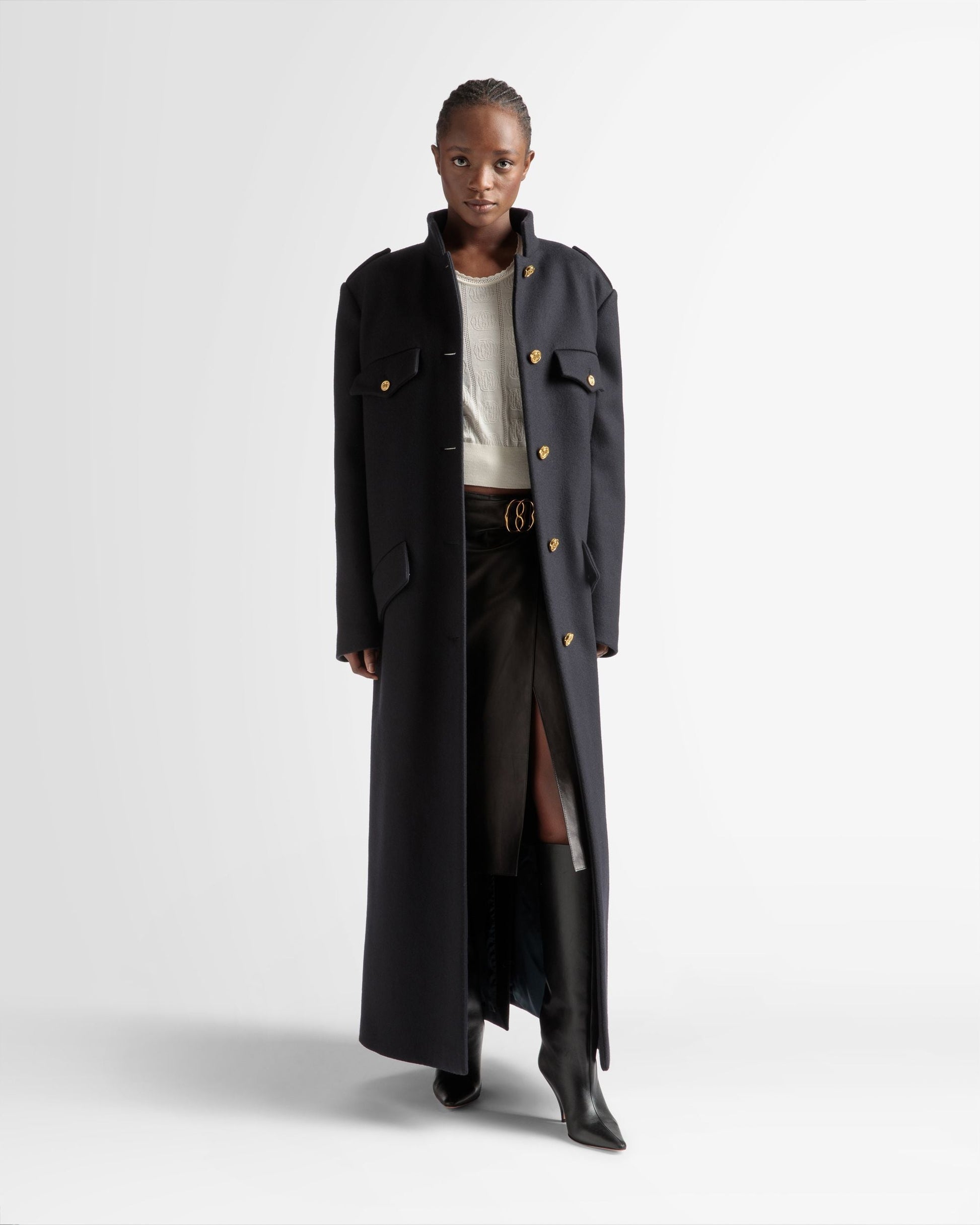 Long Buttoned Coat | Women's Outerwear | Navy Wool Mix | Bally | On Model Front