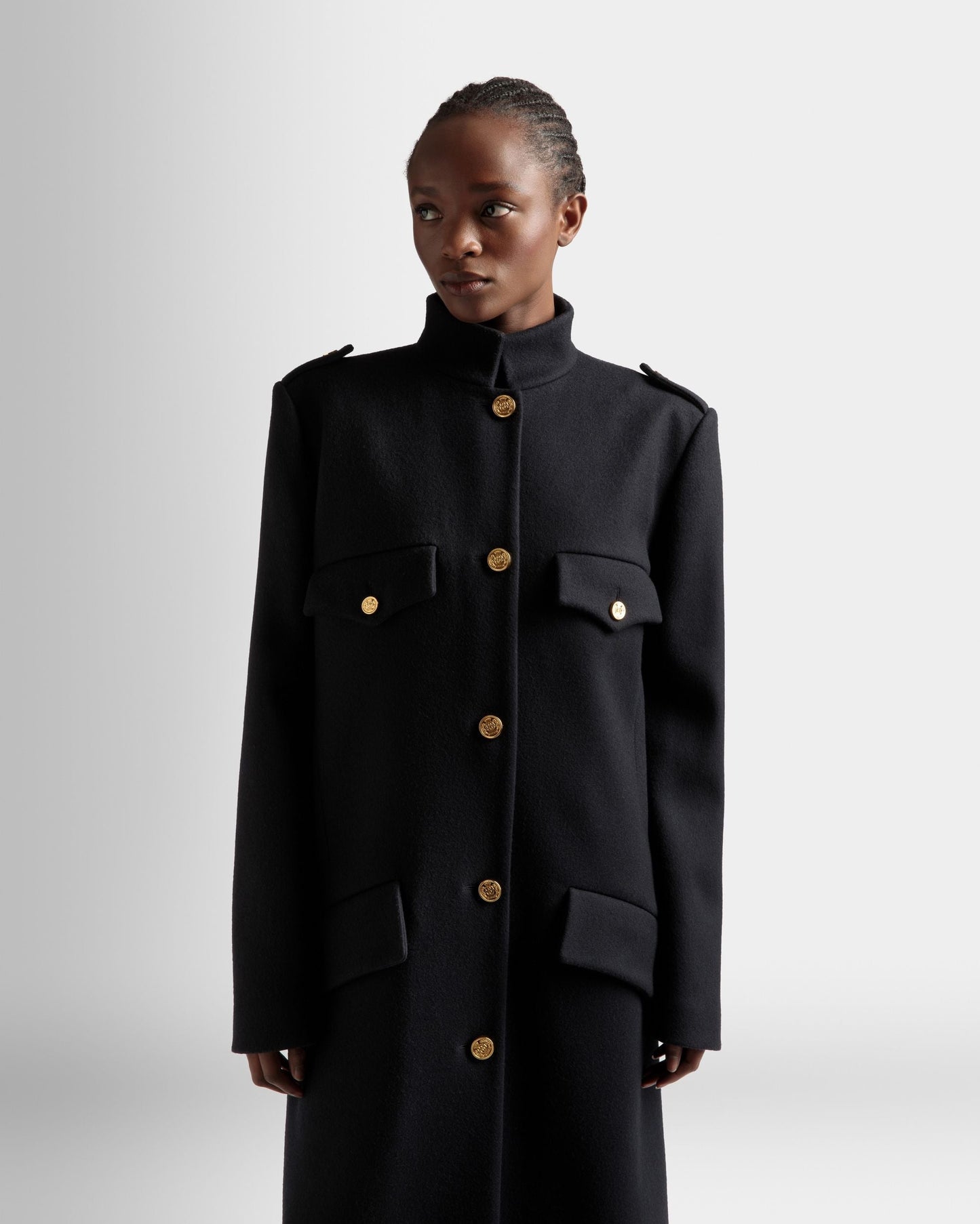 Long Buttoned Coat | Women's Outerwear | Navy Wool Mix | Bally | On Model Close Up