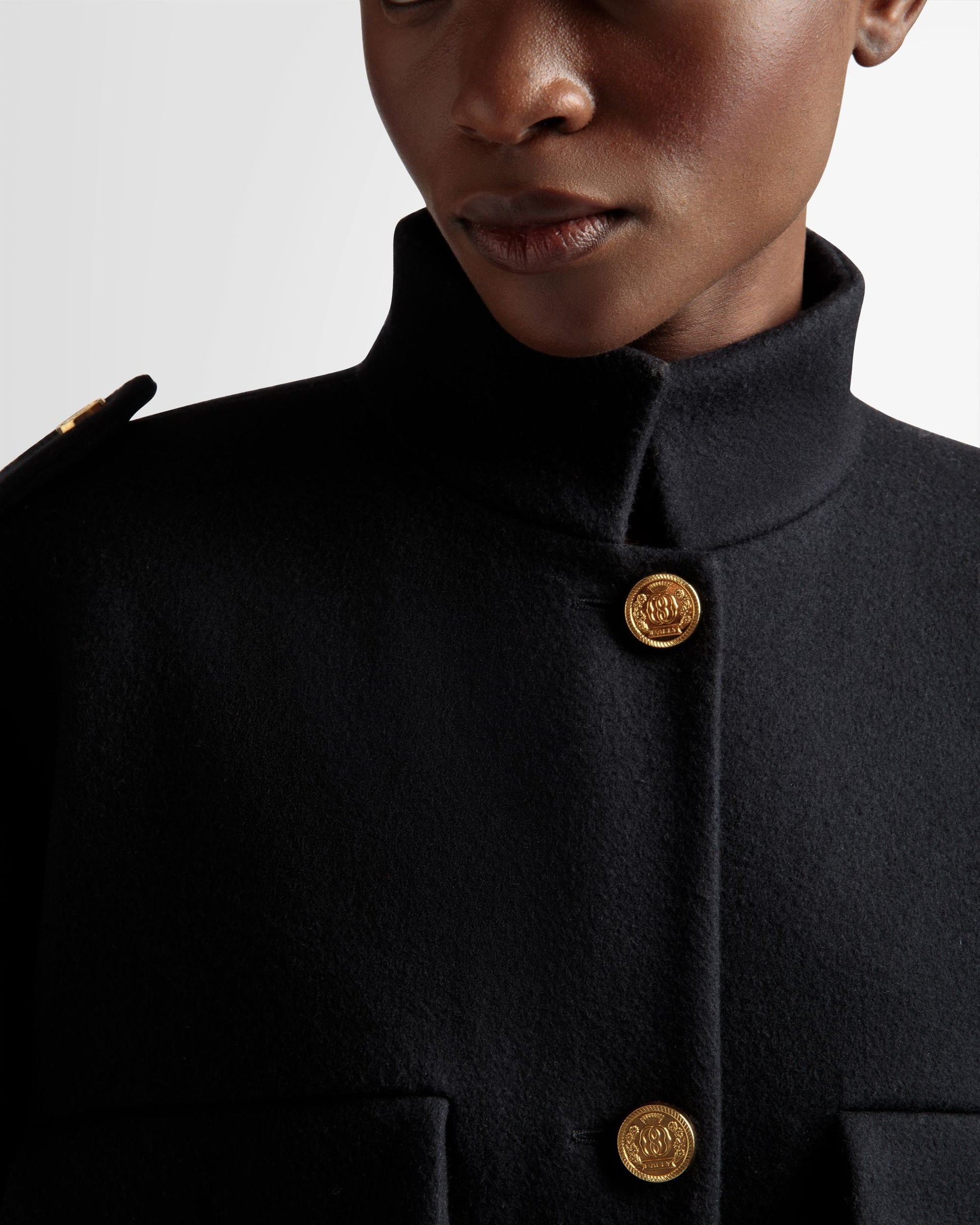 Long Buttoned Coat | Women's Outerwear | Navy Wool Mix | Bally | On Model Detail