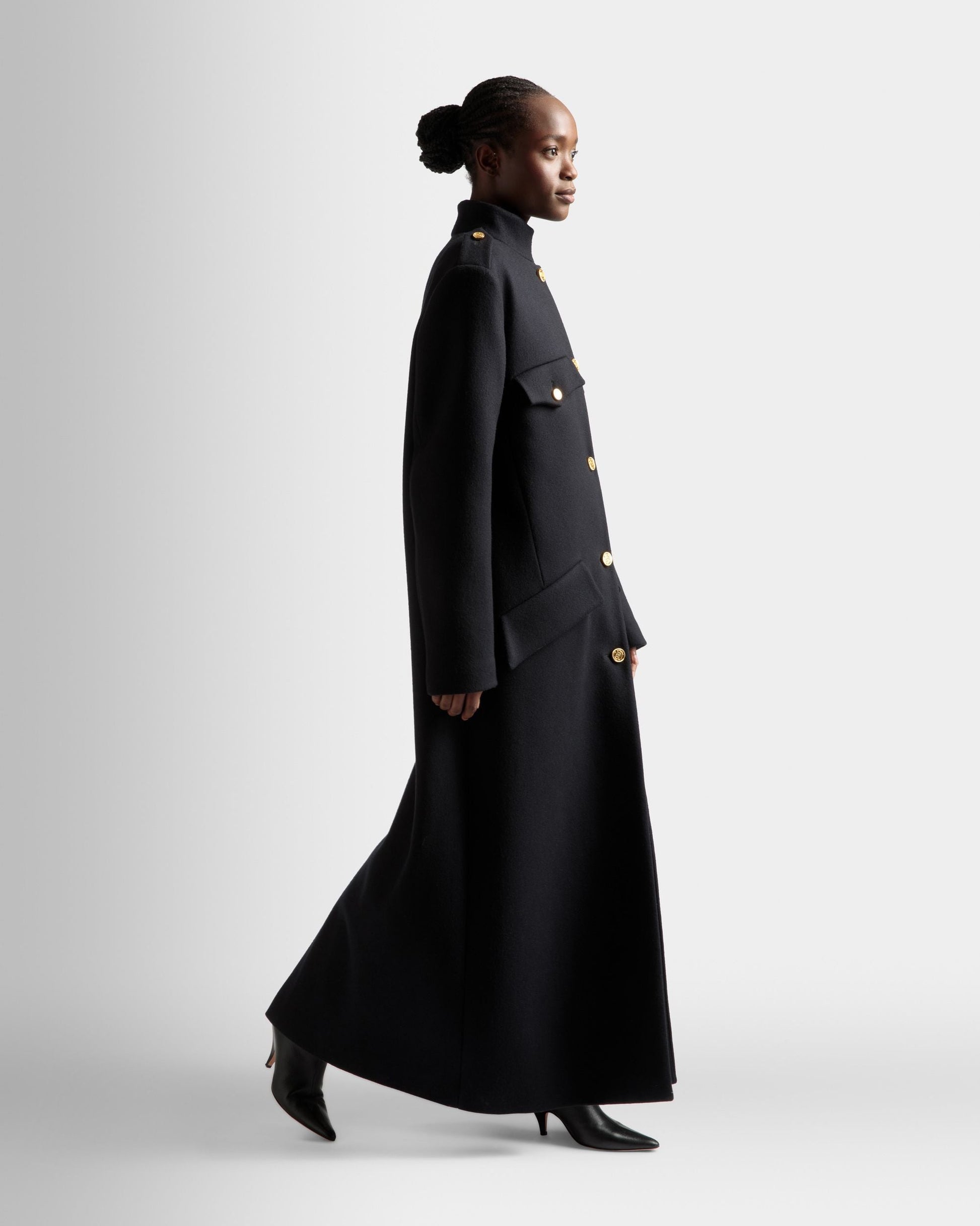 Long Buttoned Coat | Women's Outerwear | Navy Wool Mix | Bally | On Model 3/4 Front
