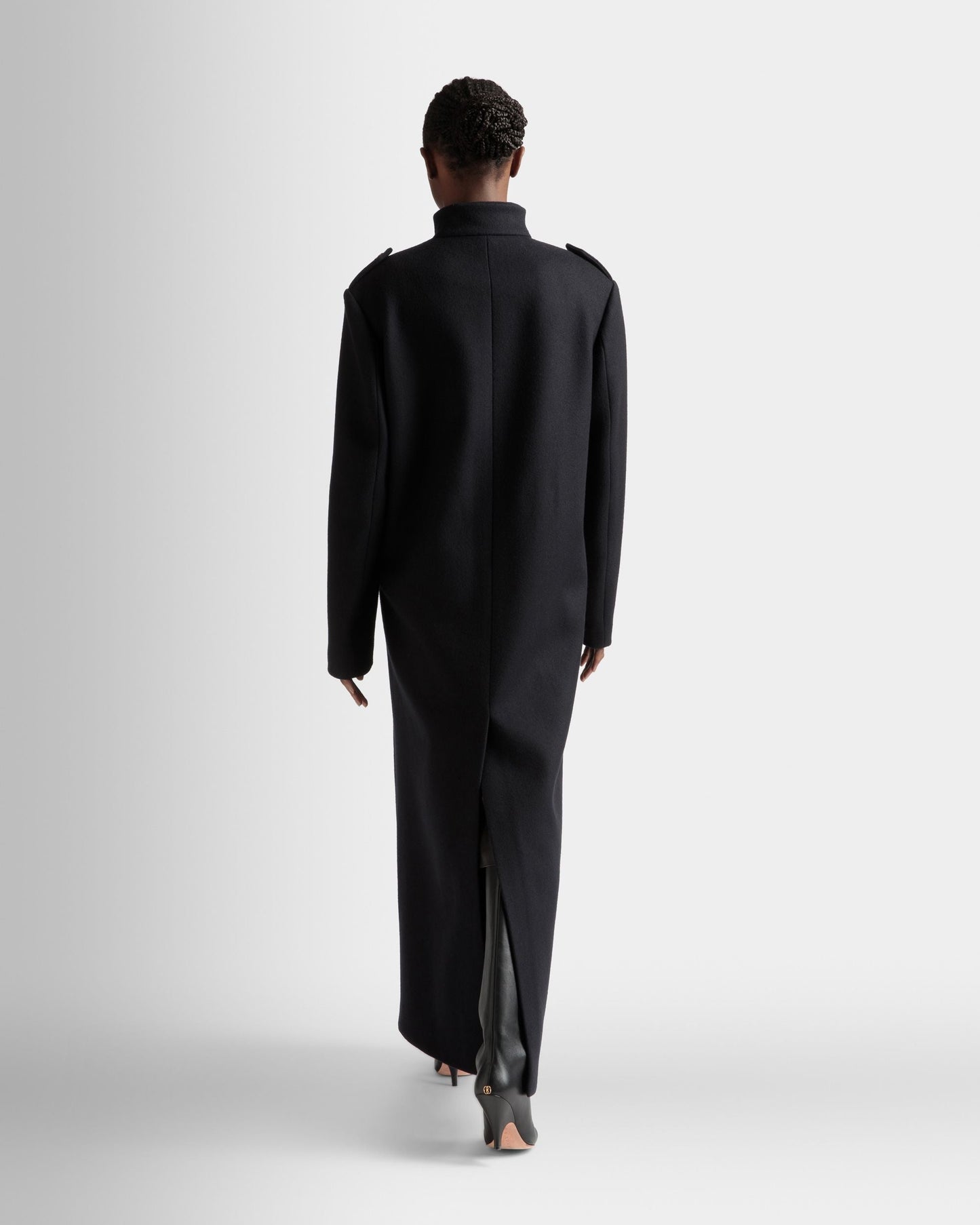 Long Buttoned Coat | Women's Outerwear | Navy Wool Mix | Bally | On Model Back