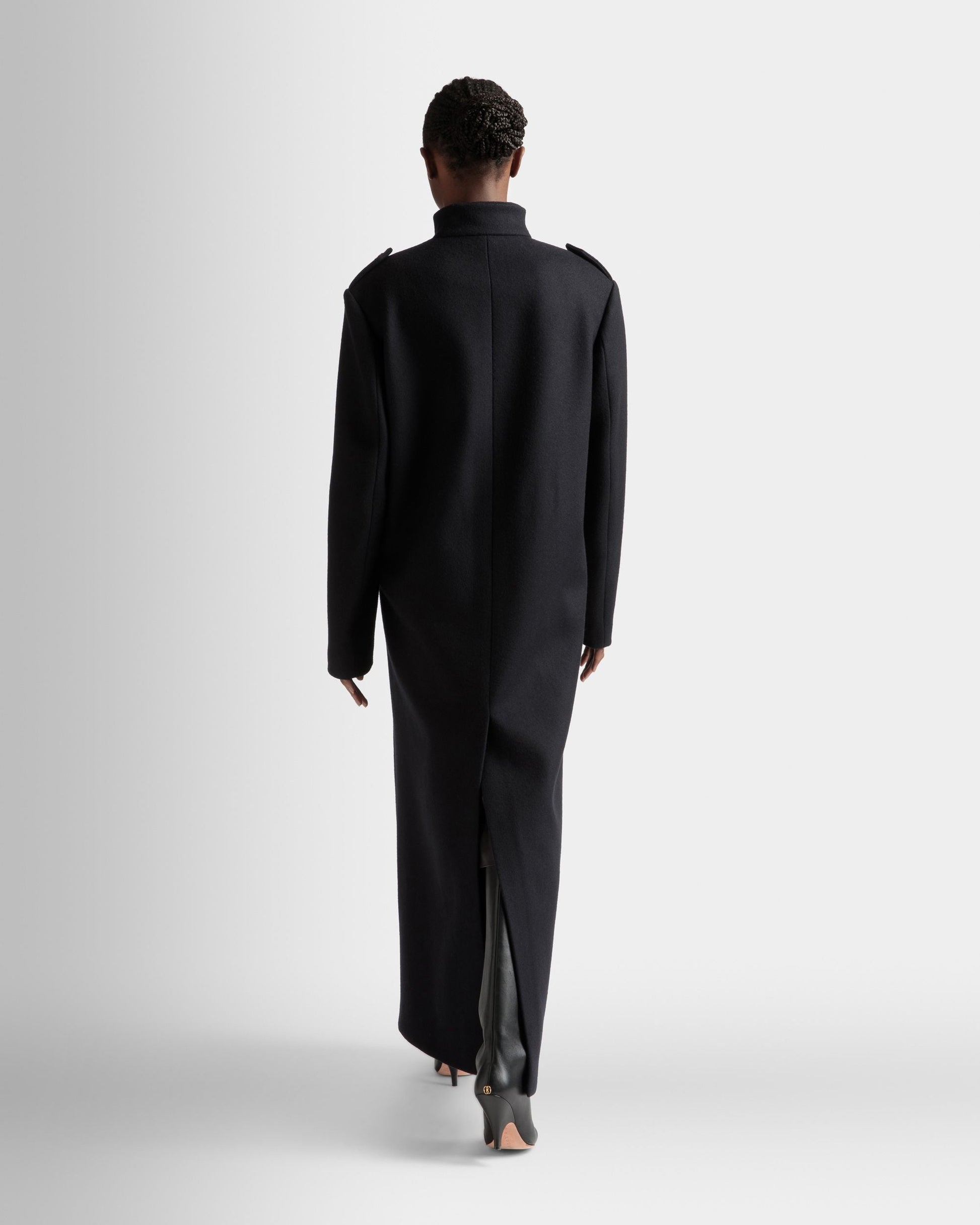 Long Buttoned Coat | Women's Outerwear | Navy Wool Mix | Bally | On Model Back