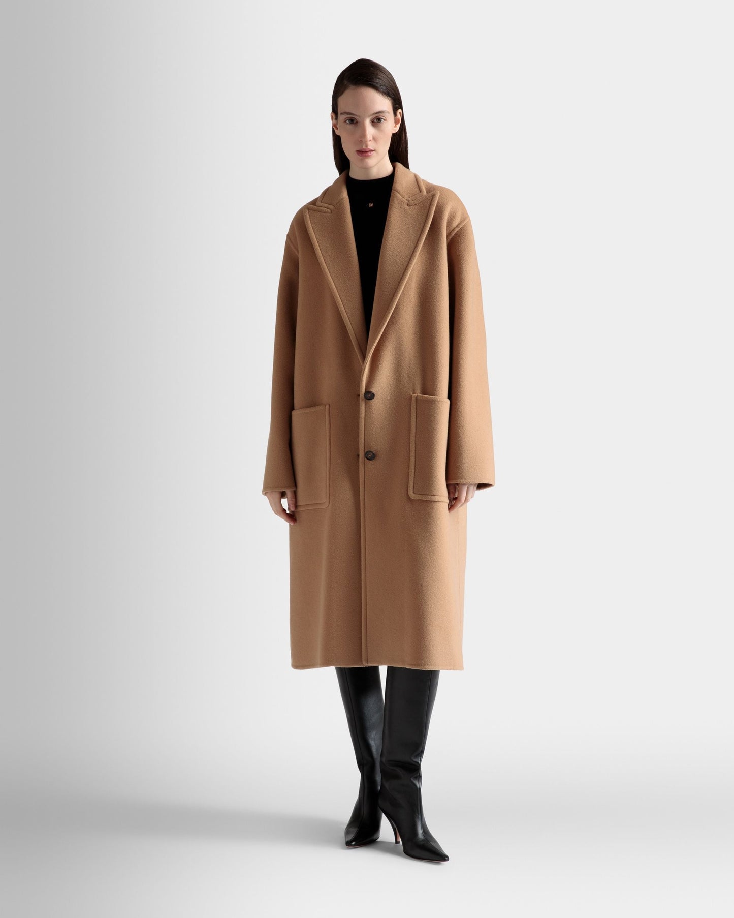Single Breasted Coat | Women's Outerwear | Camel Cashmere Wool Mix | Bally | On Model Front