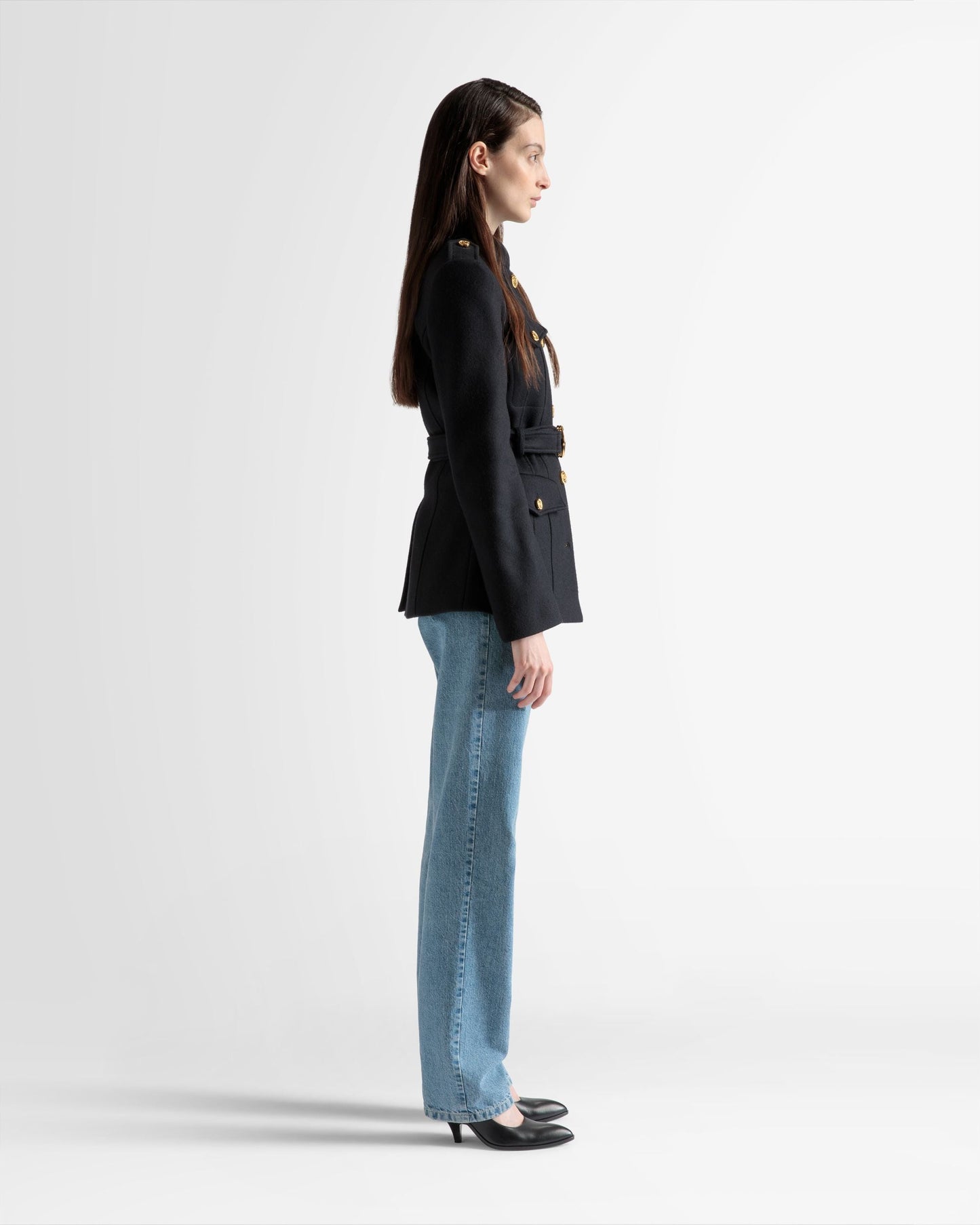 Belted Jacket | Women's Outerwear | Navy Wool | Bally | On Model 3/4 Front