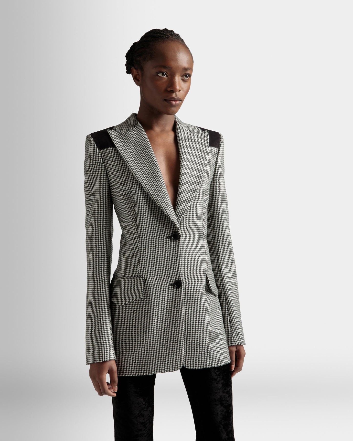 Dogtooth Jacket | Women's Jacket | Black And White Wool | Bally | On Model Close Up