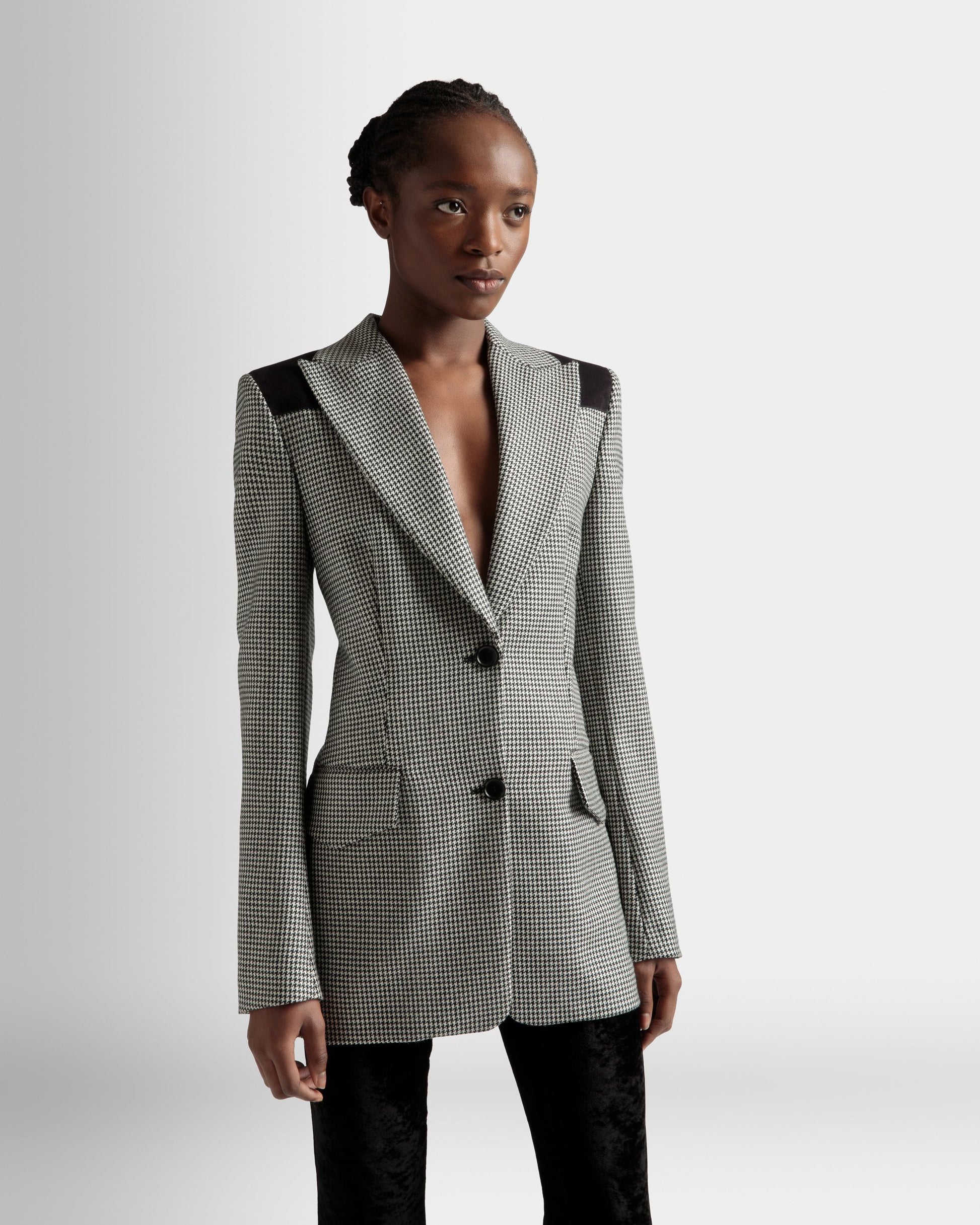 Dogtooth Jacket | Women's Jacket | Black And White Wool | Bally | On Model Close Up
