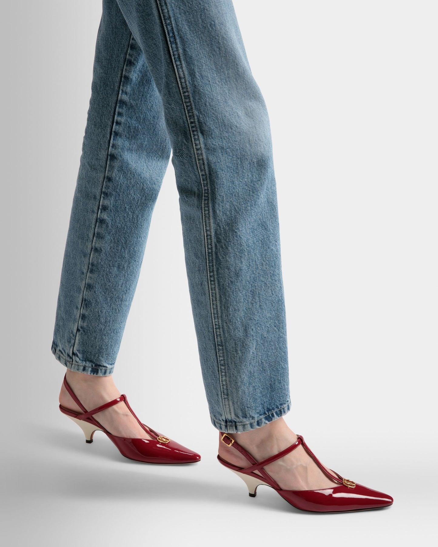 Karline | Women's Pumps | Ruby Red And Bone Leather | Bally | On Model Close Up