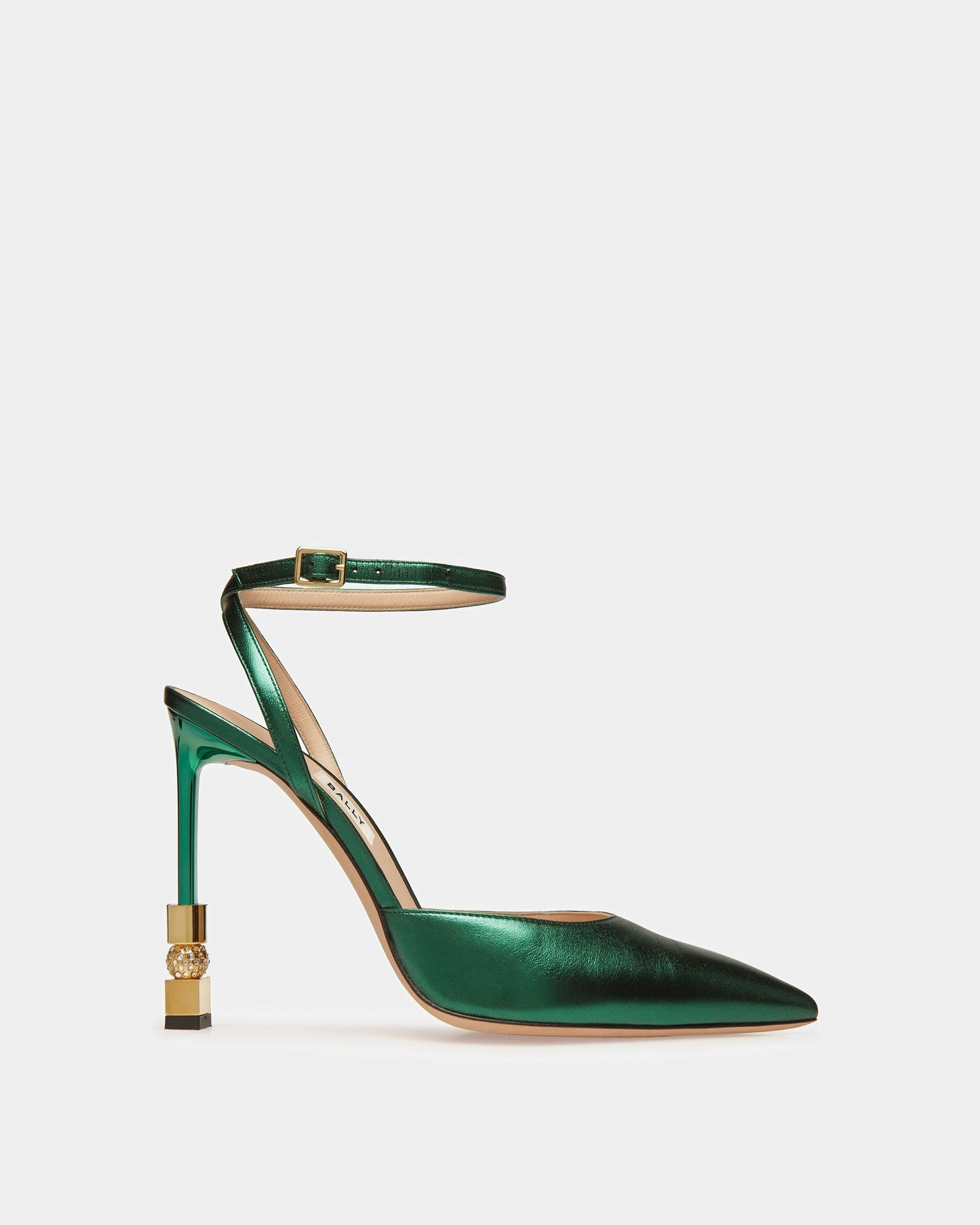 Block Ankle Strap Pump In Metallic Leather