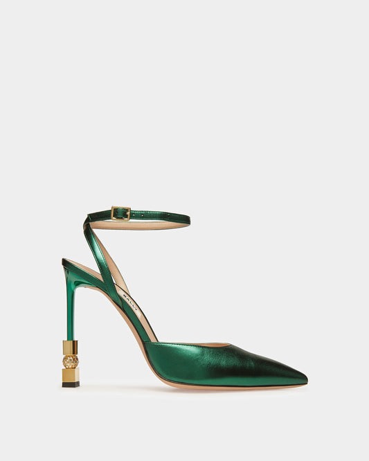 Block Ankle Strap Pump In Metallic Leather