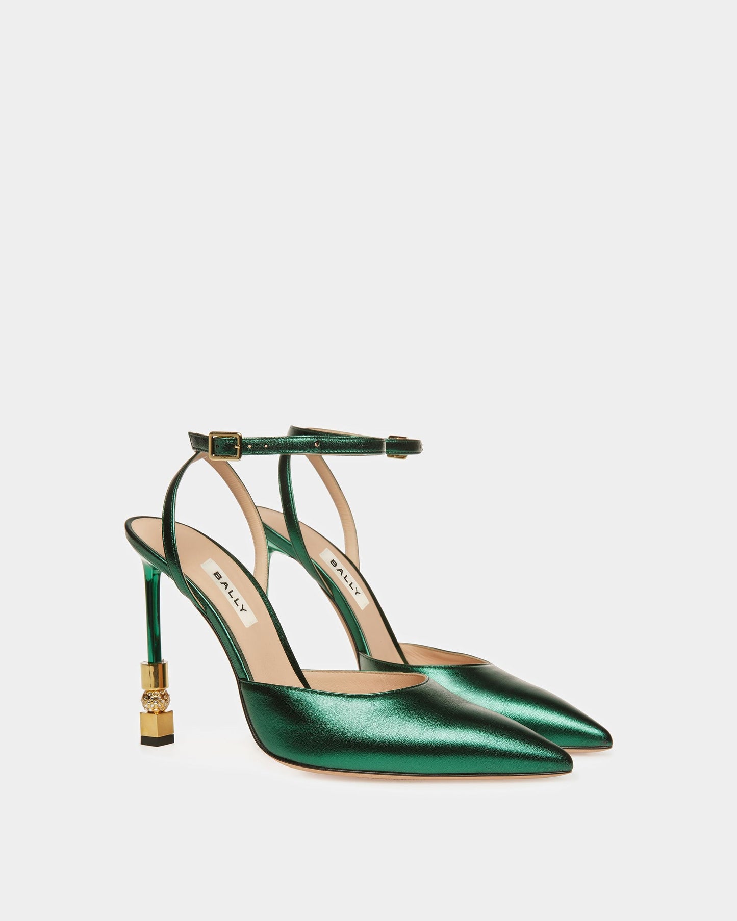 Block Ankle Strap Pump In Metallic Leather