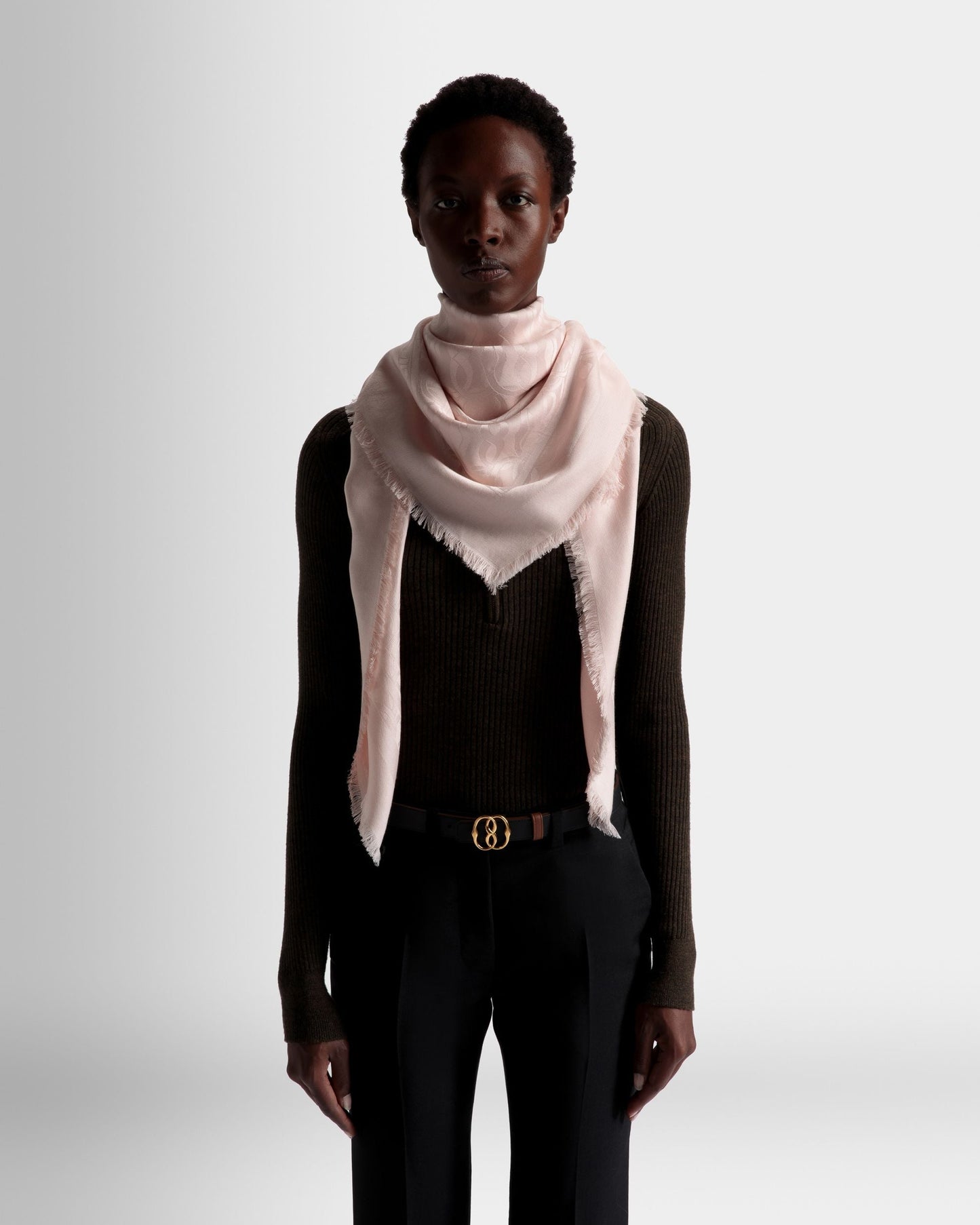 Emblem Print Square Scarf | Women's Scarf | Dusty Petal Silk | Bally | On Model Front