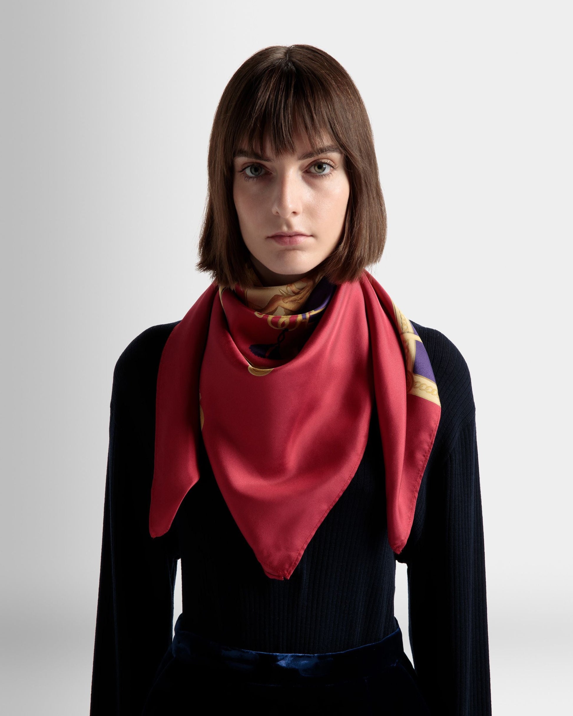 Printed Scarf | Women's Scarf |Burgundy Silk | Bally | On Model Front