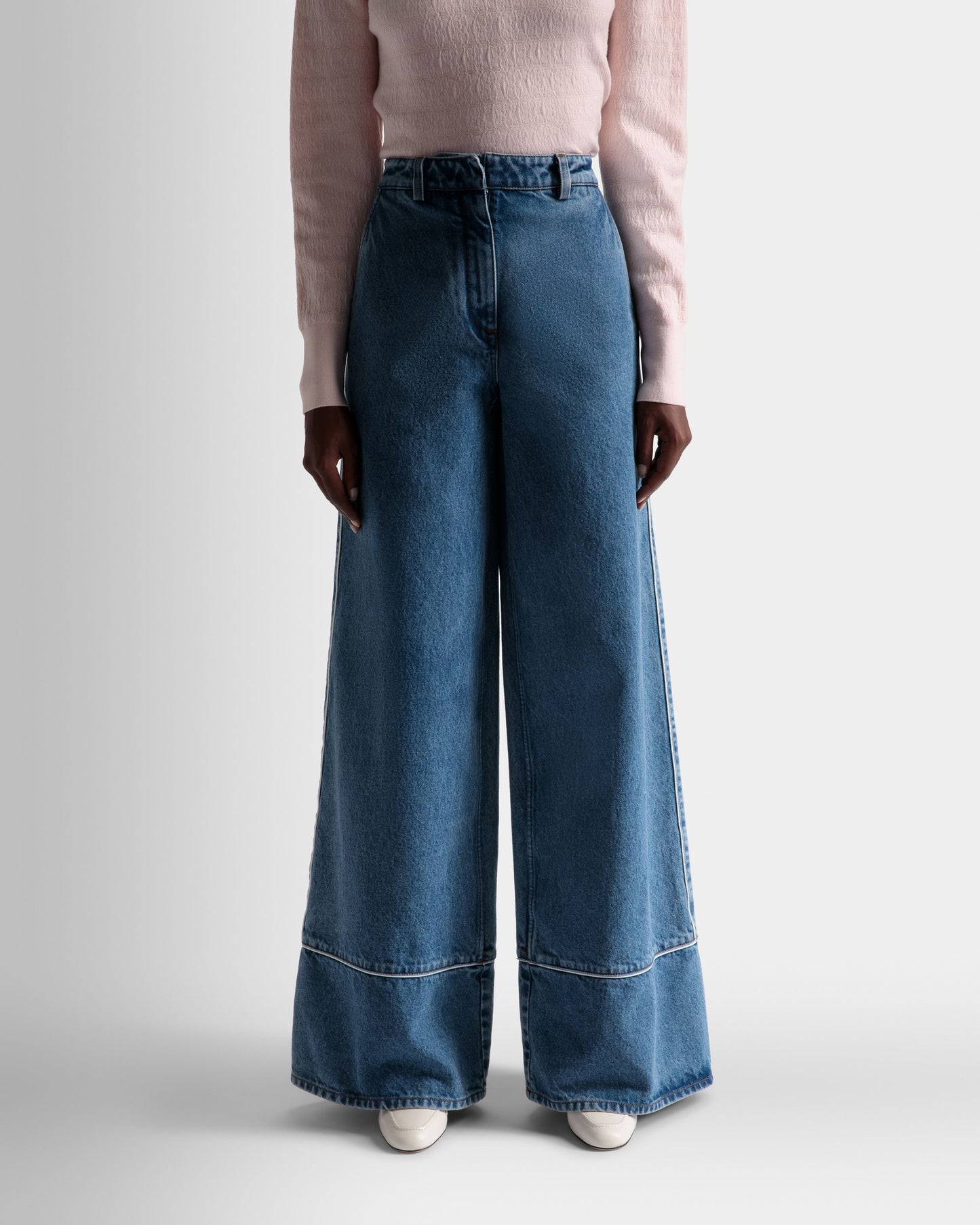 Denim Pants | Women's Pants | Light Blue Cotton | Bally | On Model Close Up