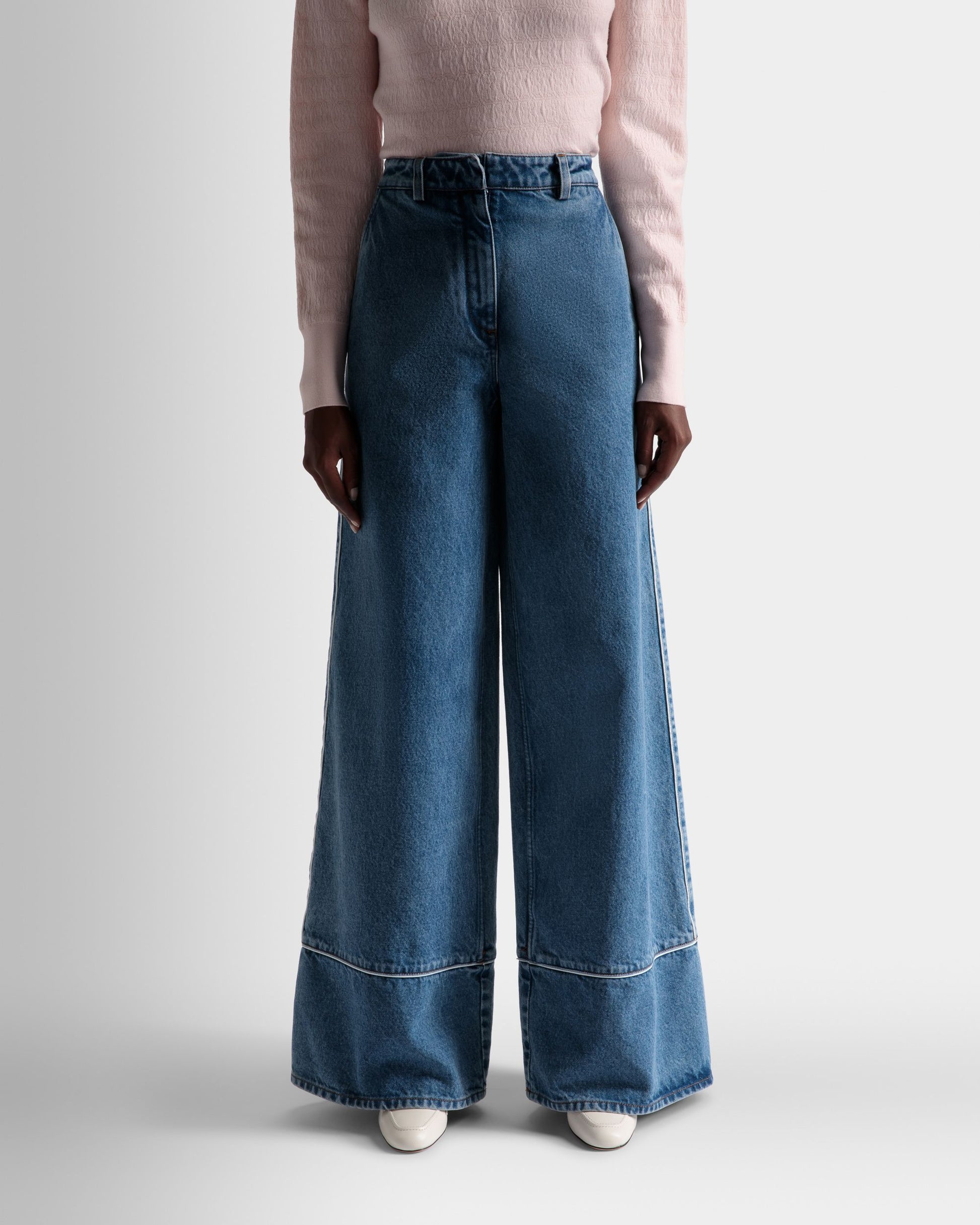 Denim Pants | Women's Pants | Light Blue Cotton | Bally | On Model Close Up