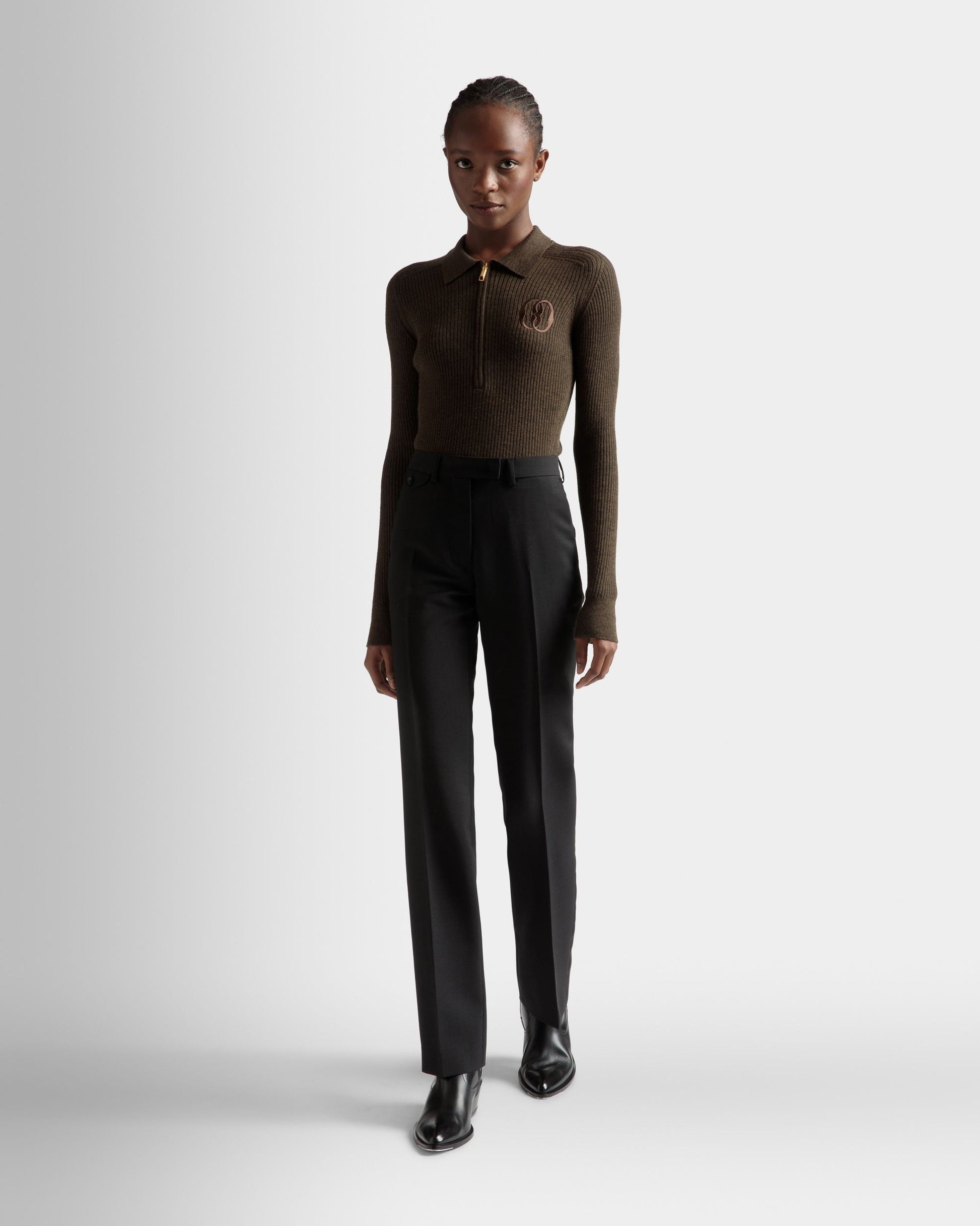 Tailored Straight Leg Pants | Women's Pants | Black Mohair Wool | Bally | On Model Front