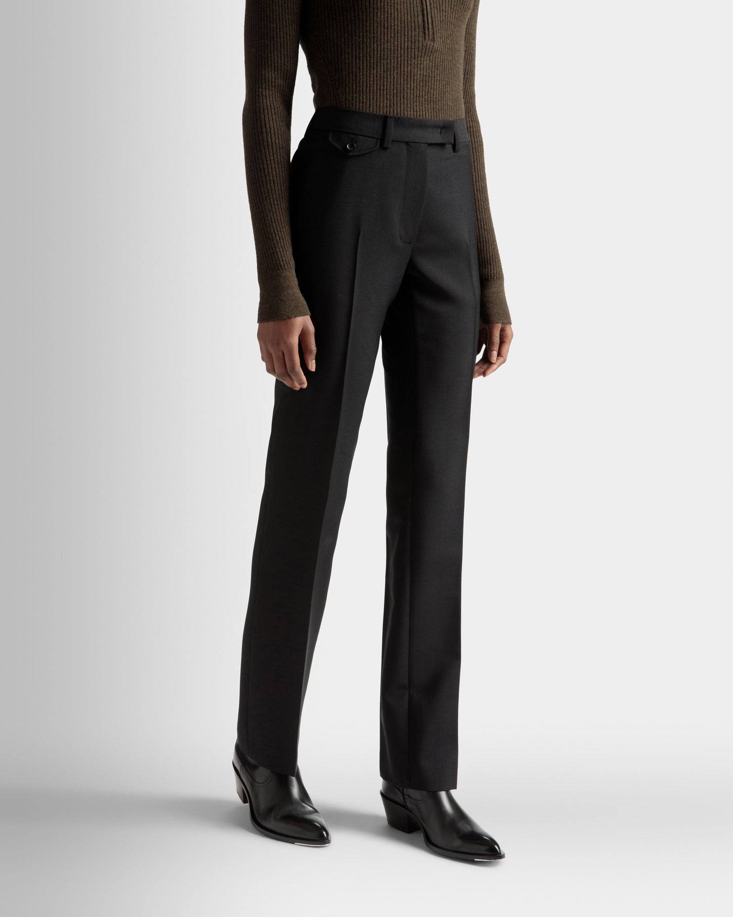 Tailored Straight Leg Pants | Women's Pants | Black Mohair Wool | Bally | On Model Close Up