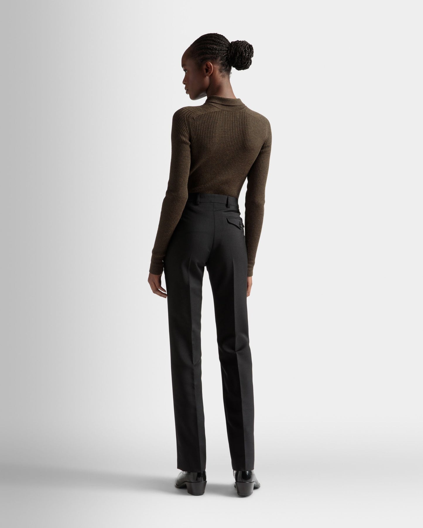 Tailored Straight Leg Pants | Women's Pants | Black Mohair Wool | Bally | On Model Back