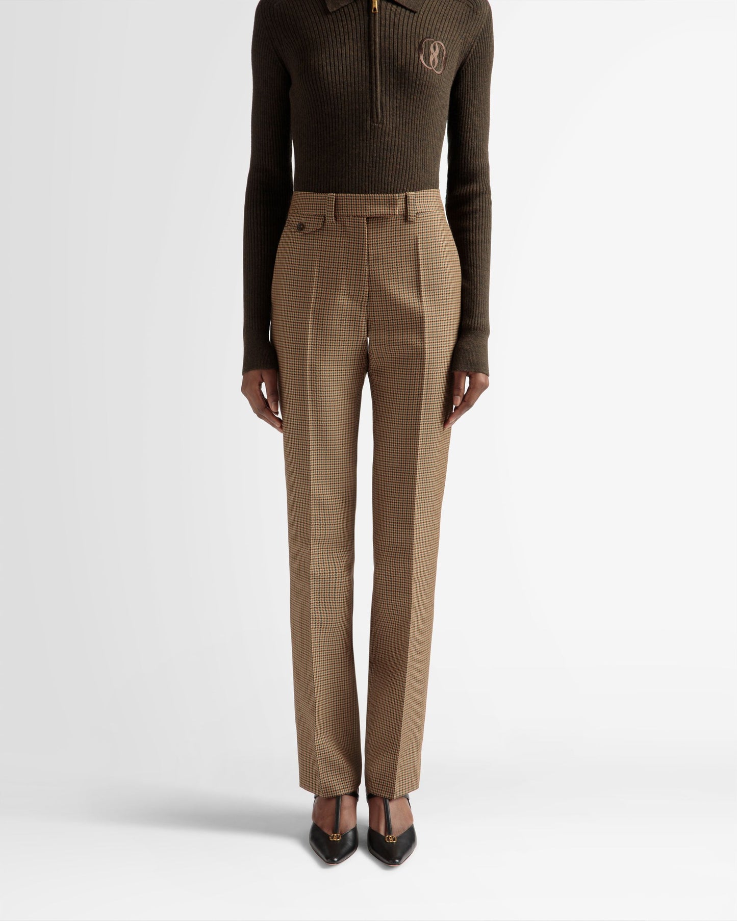 Tailored Straight Leg Pants | Women's Pants | Desert Wool | Bally | On Model Close Up