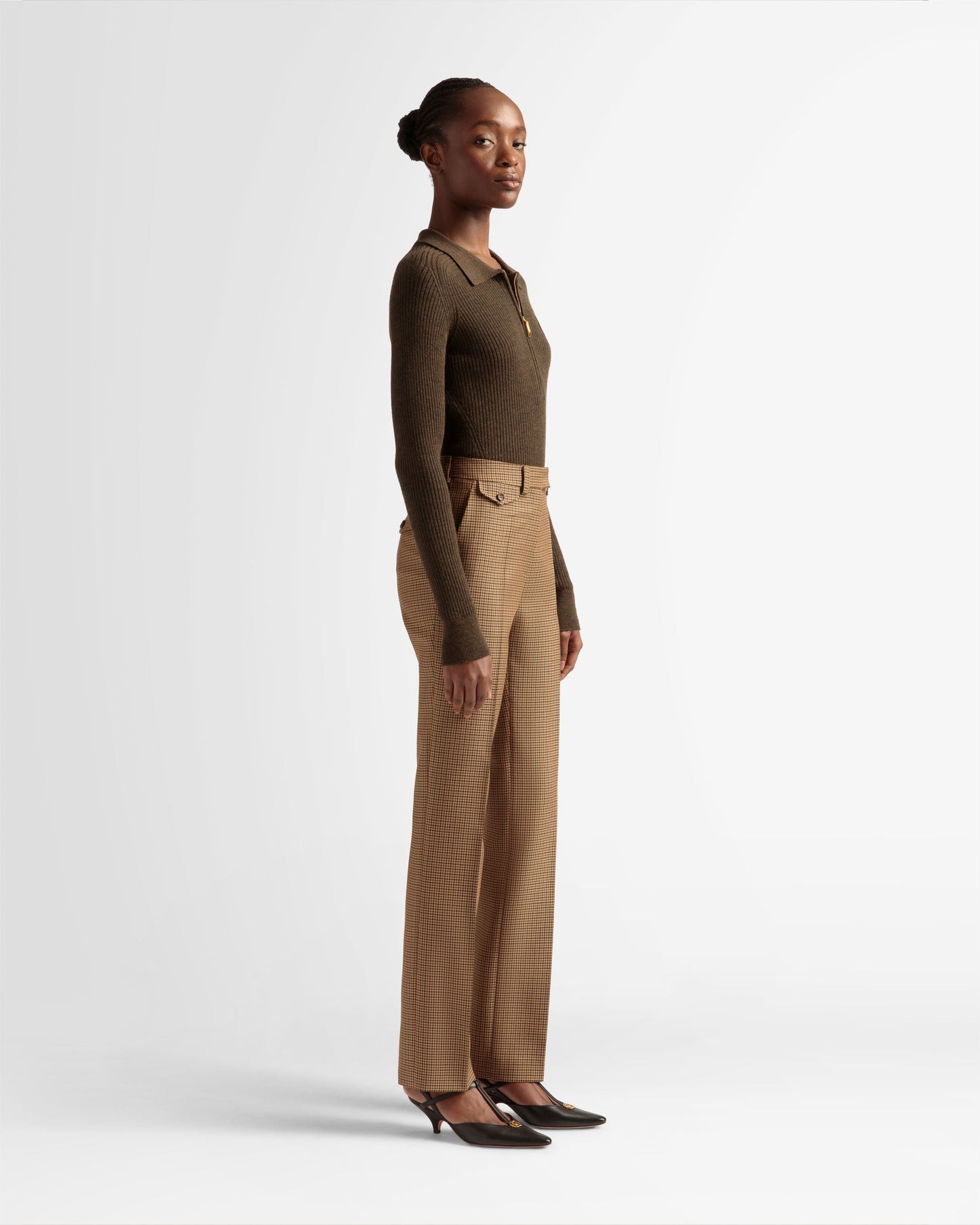 Tailored Straight Leg Pants | Women's Pants | Desert Wool | Bally | On Model 3/4 Front