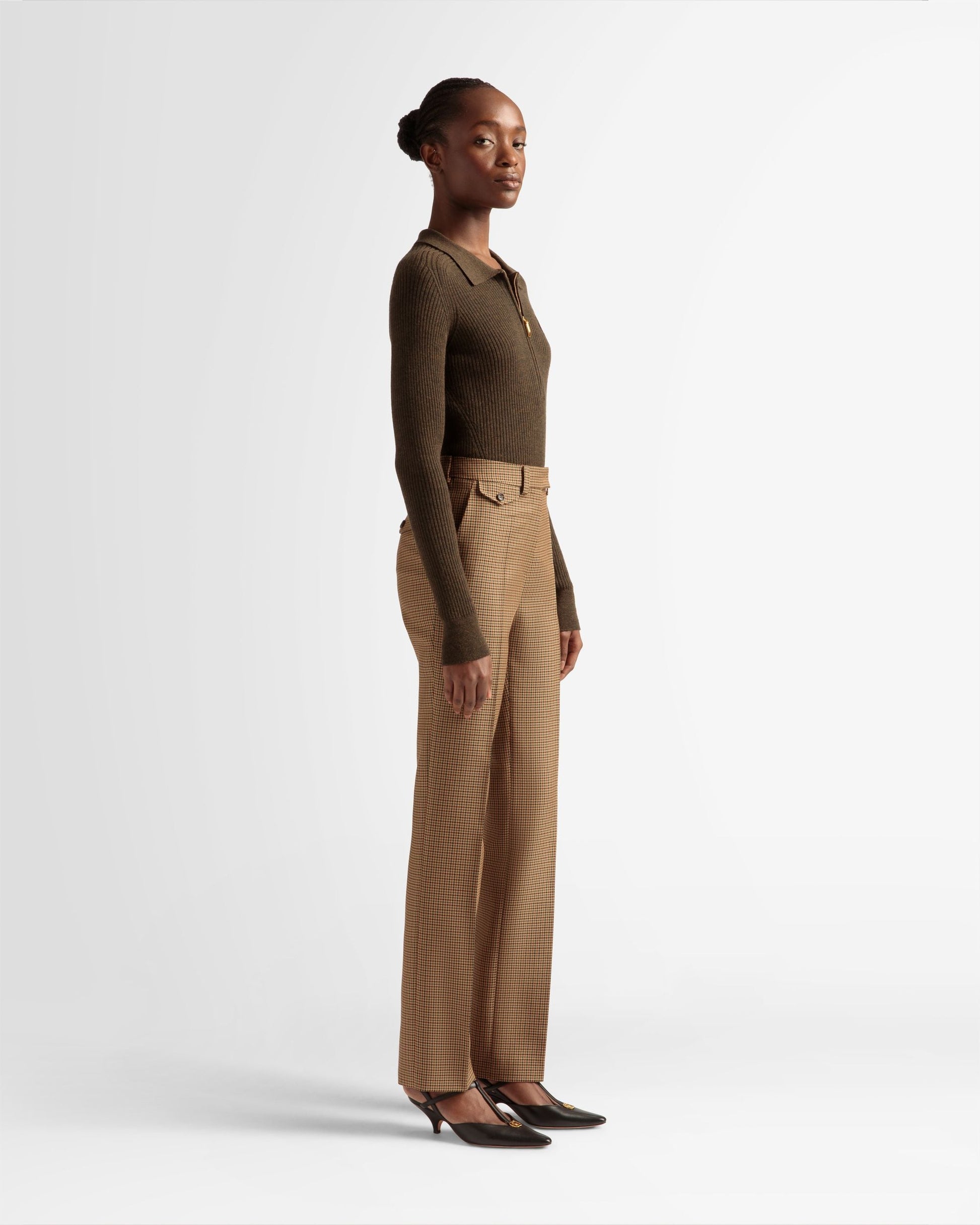 Tailored Straight Leg Pants | Women's Pants | Desert Wool | Bally | On Model 3/4 Front